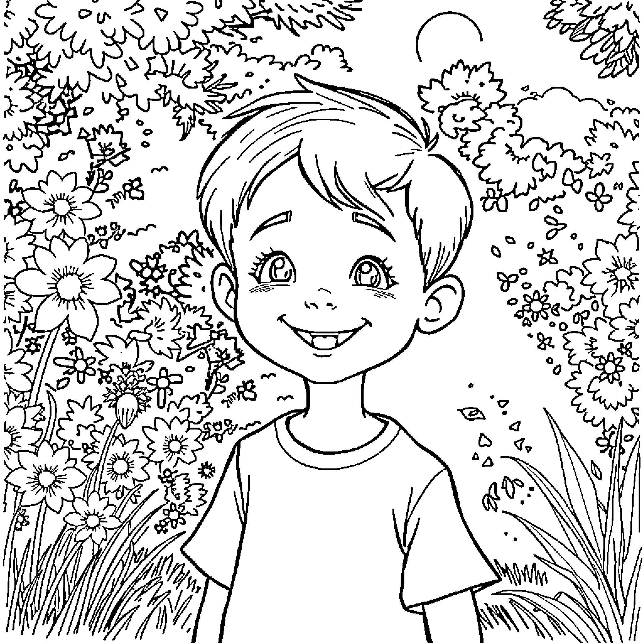 Lucas enjoying the floral garden Coloring Page (free black-and-white line drawing printable PDF for all, from beginners to advanced learners, including children, teens, adults, and seniors)