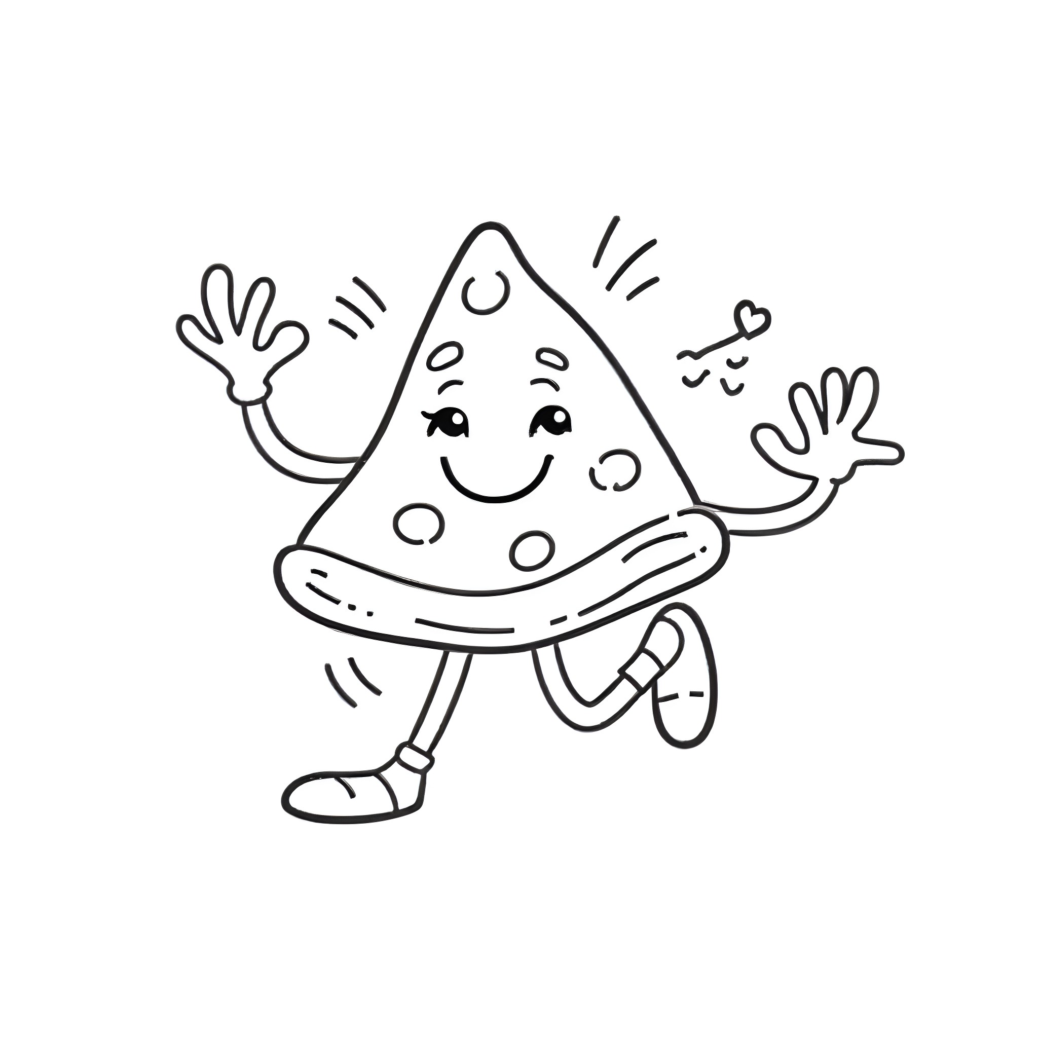 Pizza slice happily dancing and waving Coloring Page (free black-and-white line drawing printable PDF for all, from beginners to advanced learners, including children, teens, adults, and seniors)