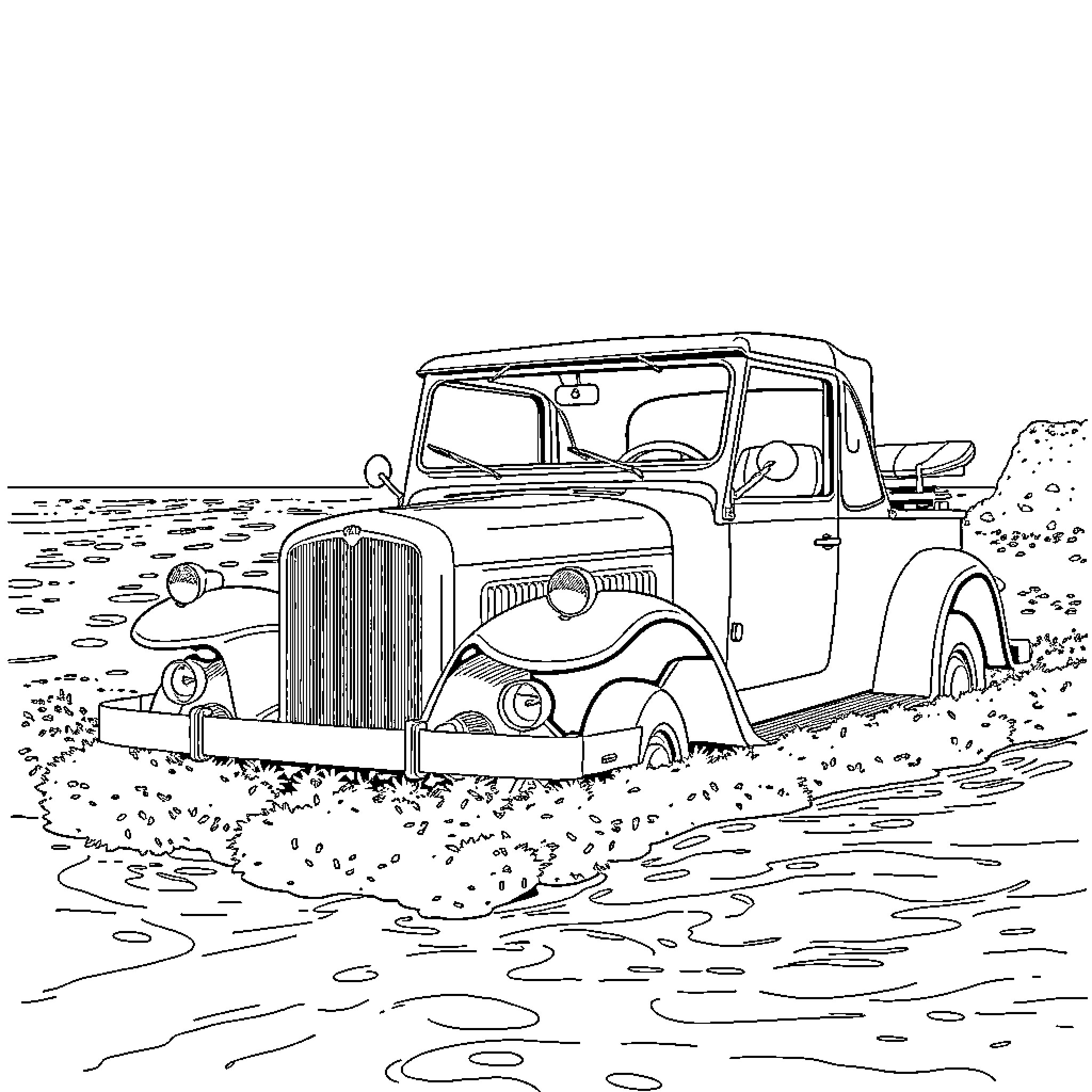 Ford Model T Pickup Truck in Countryside Landscape Coloring Page (free black-and-white line drawing printable PDF for all, from beginners to advanced learners, including children, teens, adults, and seniors)