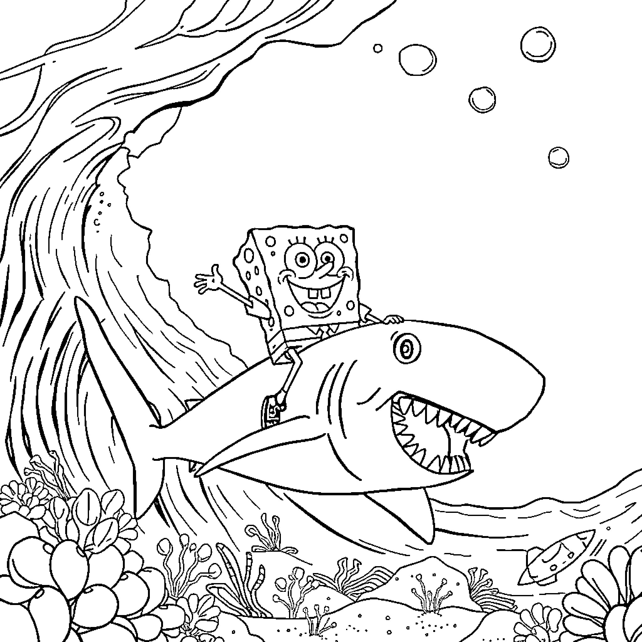 Spongebob surfing a giant shark in the ocean Coloring Page (free black-and-white line drawing printable PDF for all, from beginners to advanced learners, including children, teens, adults, and seniors)