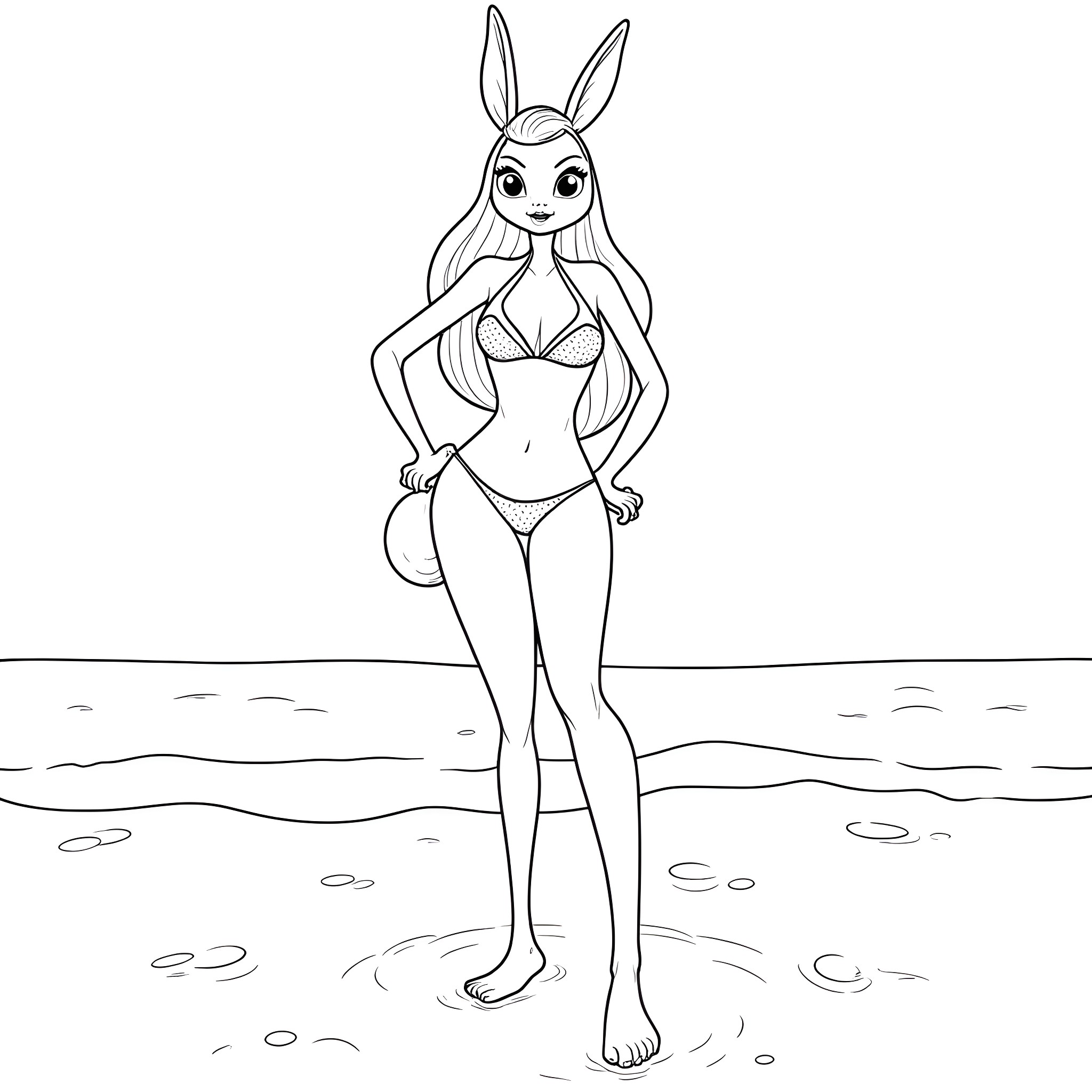 Jessica Rabbit posing confidently on the beach Coloring Page (free black-and-white line drawing printable PDF for all, from beginners to advanced learners, including children, teens, adults, and seniors)