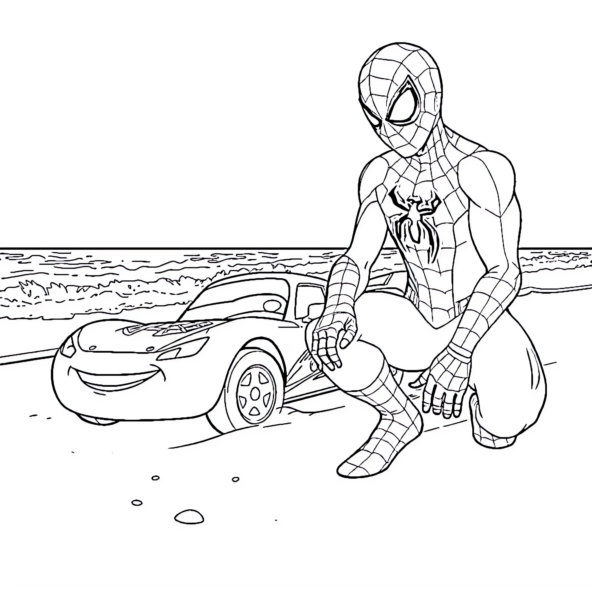 Spiderman helps a stranded car on the beach Coloring Page (free black-and-white line drawing printable PDF for all, from beginners to advanced learners, including children, teens, adults, and seniors)