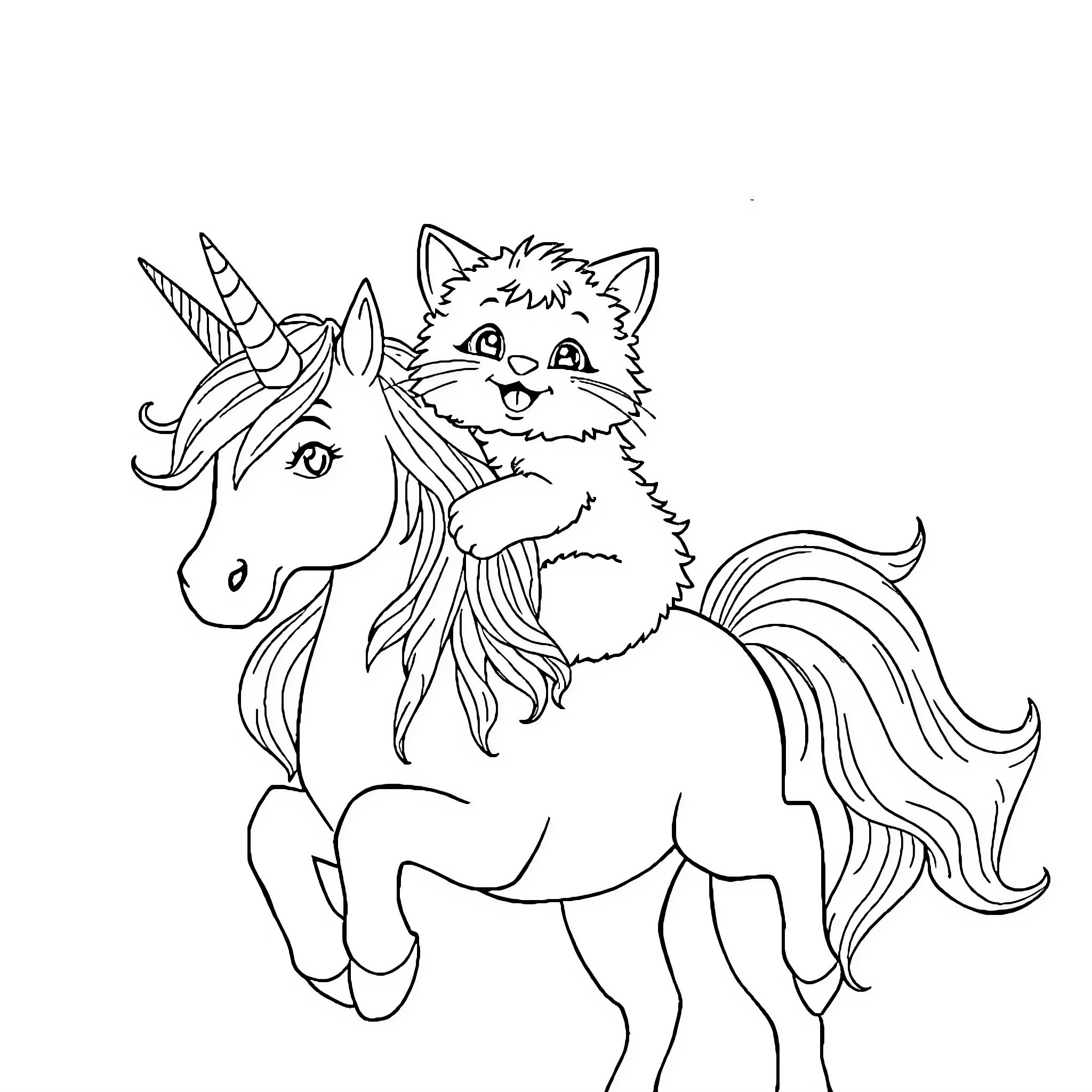 Kitty riding a magical unicorn Coloring Page (free black-and-white line drawing printable PDF for all, from beginners to advanced learners, including children, teens, adults, and seniors)