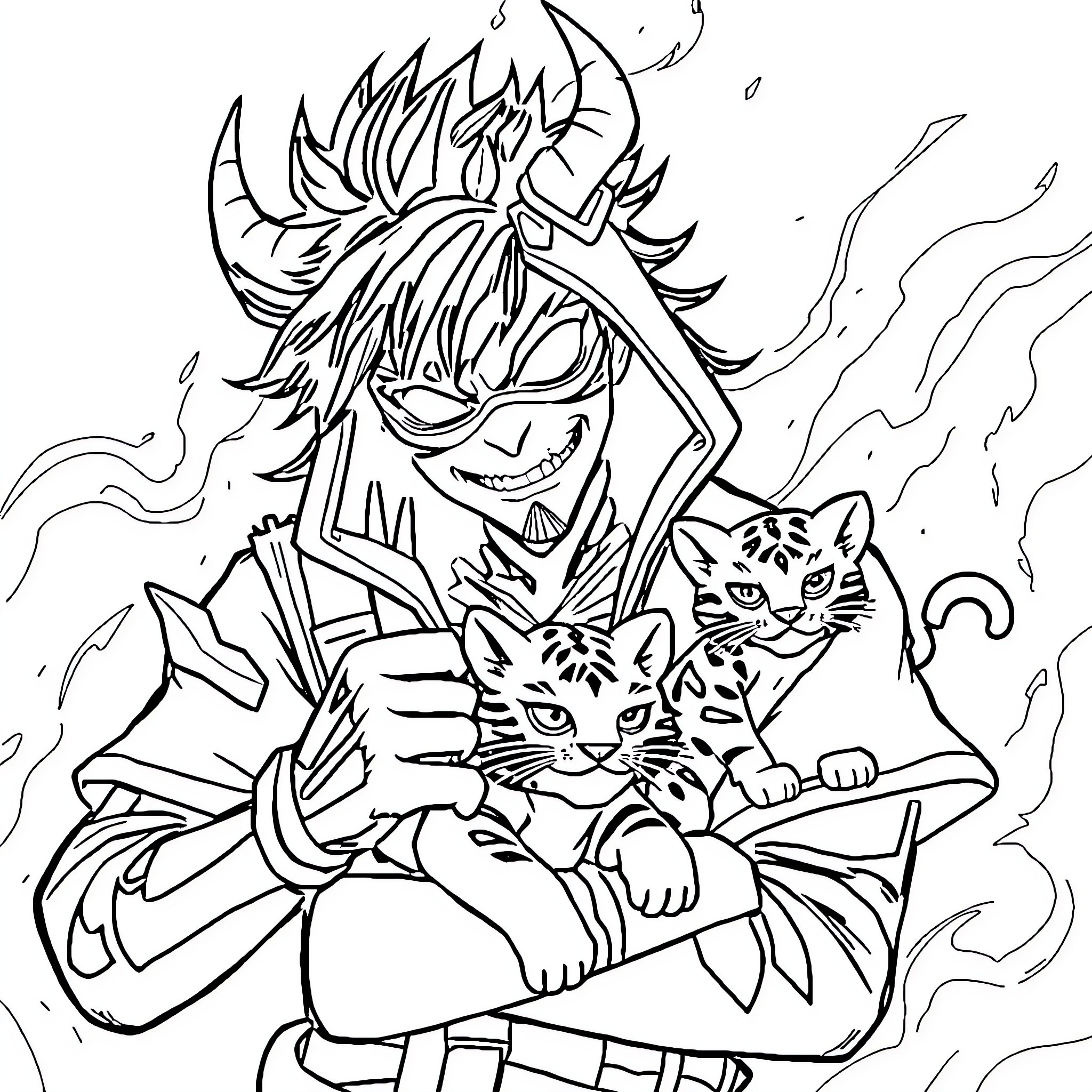 Demon Hunter wielding fierce weaponry and accompanied by fierce felines Coloring Page (free black-and-white line drawing printable PDF for all, from beginners to advanced learners, including children, teens, adults, and seniors)