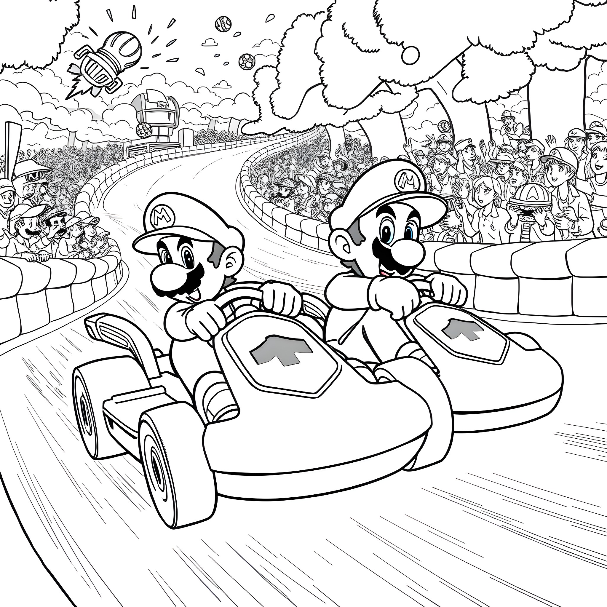 Mario Brothers Racing on Go-Karts in a Fantastical World Coloring Page (free black-and-white line drawing printable PDF for all, from beginners to advanced learners, including children, teens, adults, and seniors)