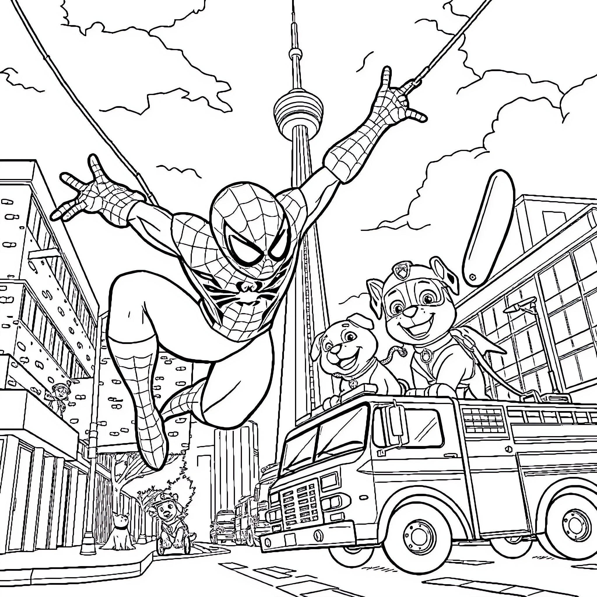 Spider-Man's heroic leap over cityscape Coloring Page (free black-and-white line drawing printable PDF for all, from beginners to advanced learners, including children, teens, adults, and seniors)