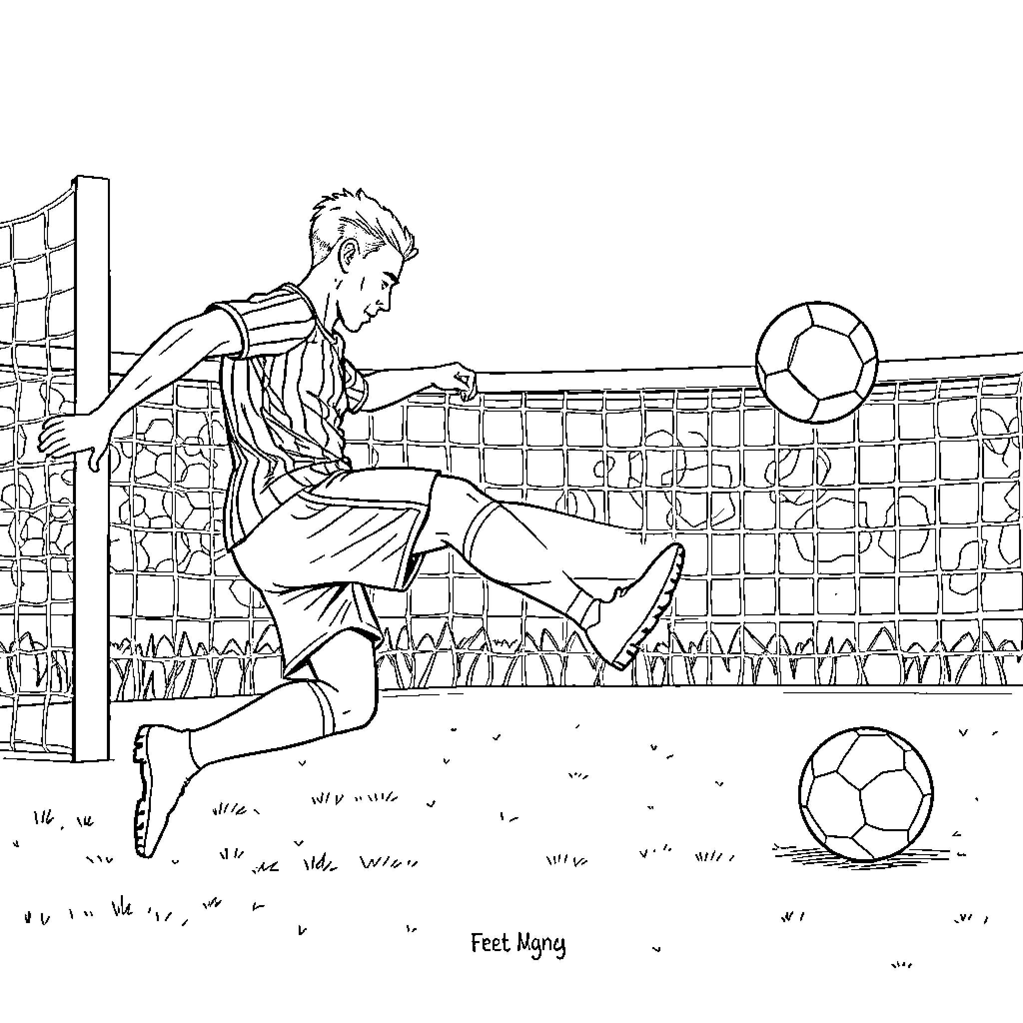 Footballer practicing soccer skills on the field Coloring Page (free black-and-white line drawing printable PDF for all, from beginners to advanced learners, including children, teens, adults, and seniors)