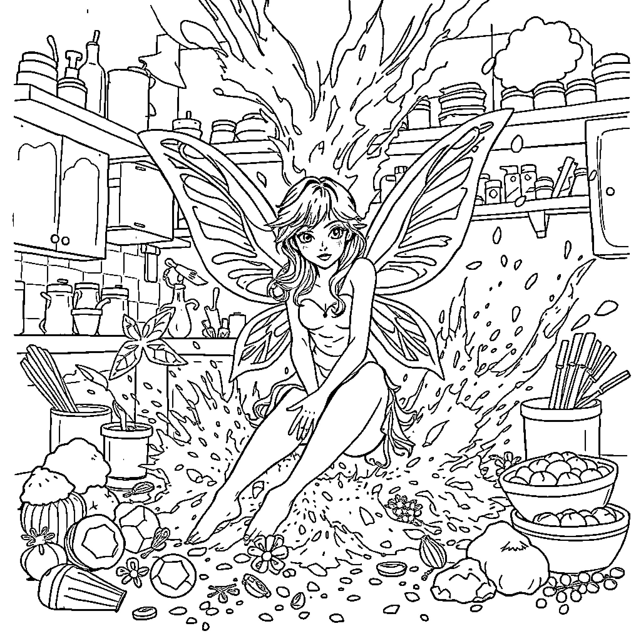 Fairy Creates Magical Chaos in Enchanted Kitchen Coloring Page (free black-and-white line drawing printable PDF for all, from beginners to advanced learners, including children, teens, adults, and seniors)