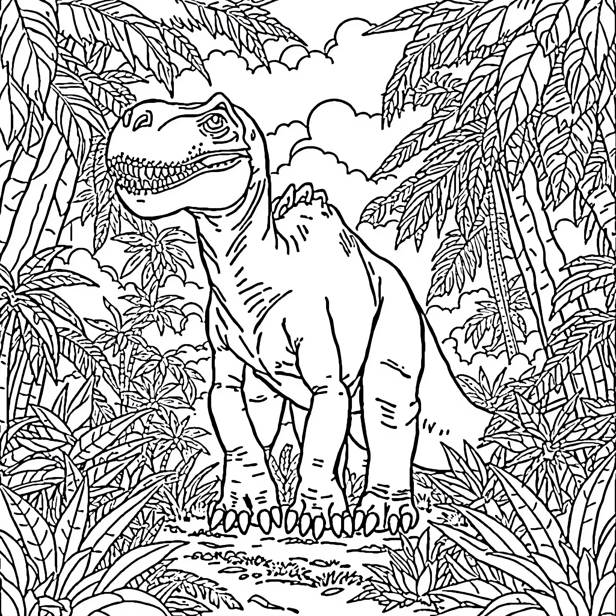 Dinosaur roaming through the lush jungle Coloring Page (free black-and-white line drawing printable PDF for all, from beginners to advanced learners, including children, teens, adults, and seniors)