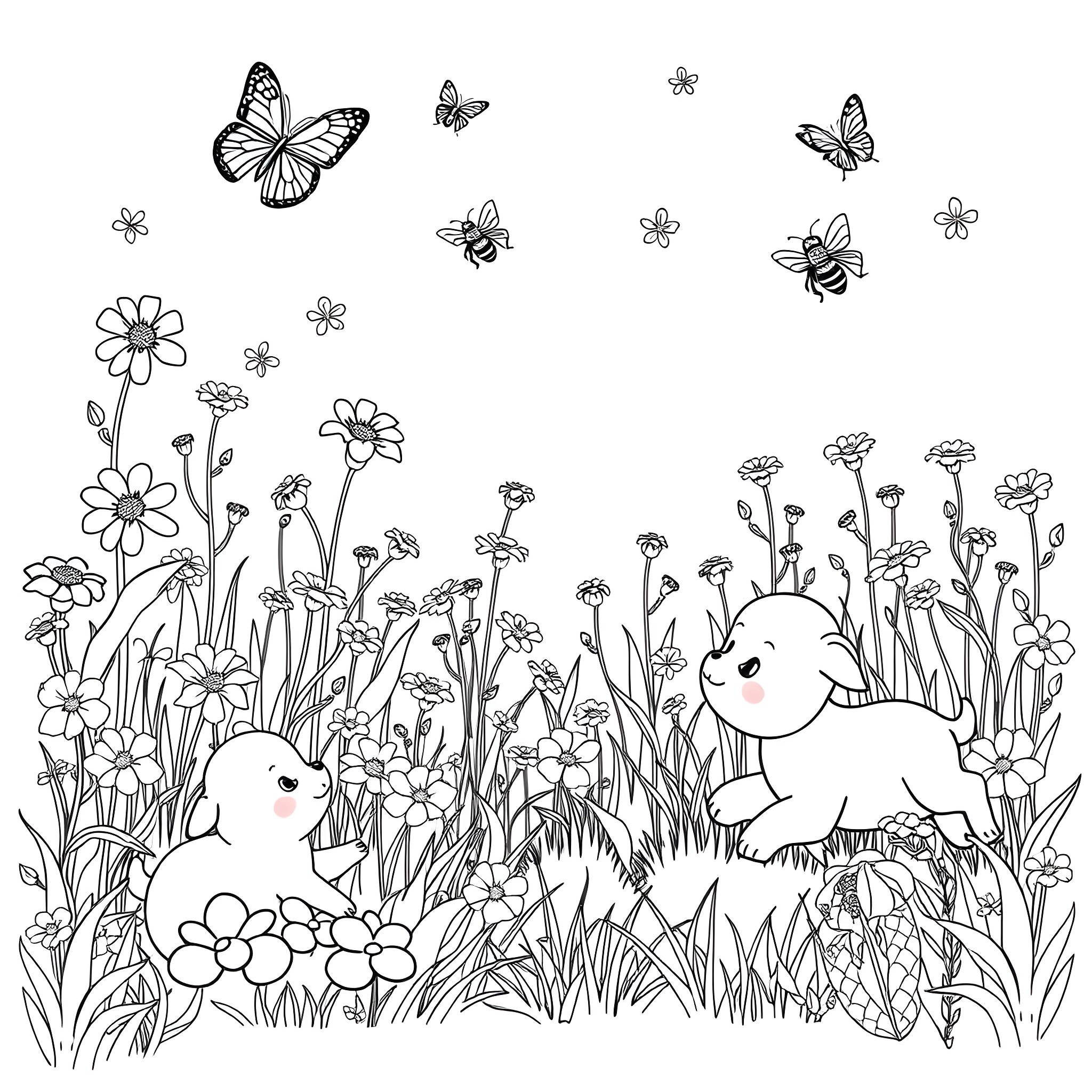Animals playing in a flower-filled meadow Coloring Page (free black-and-white line drawing printable PDF for all, from beginners to advanced learners, including children, teens, adults, and seniors)