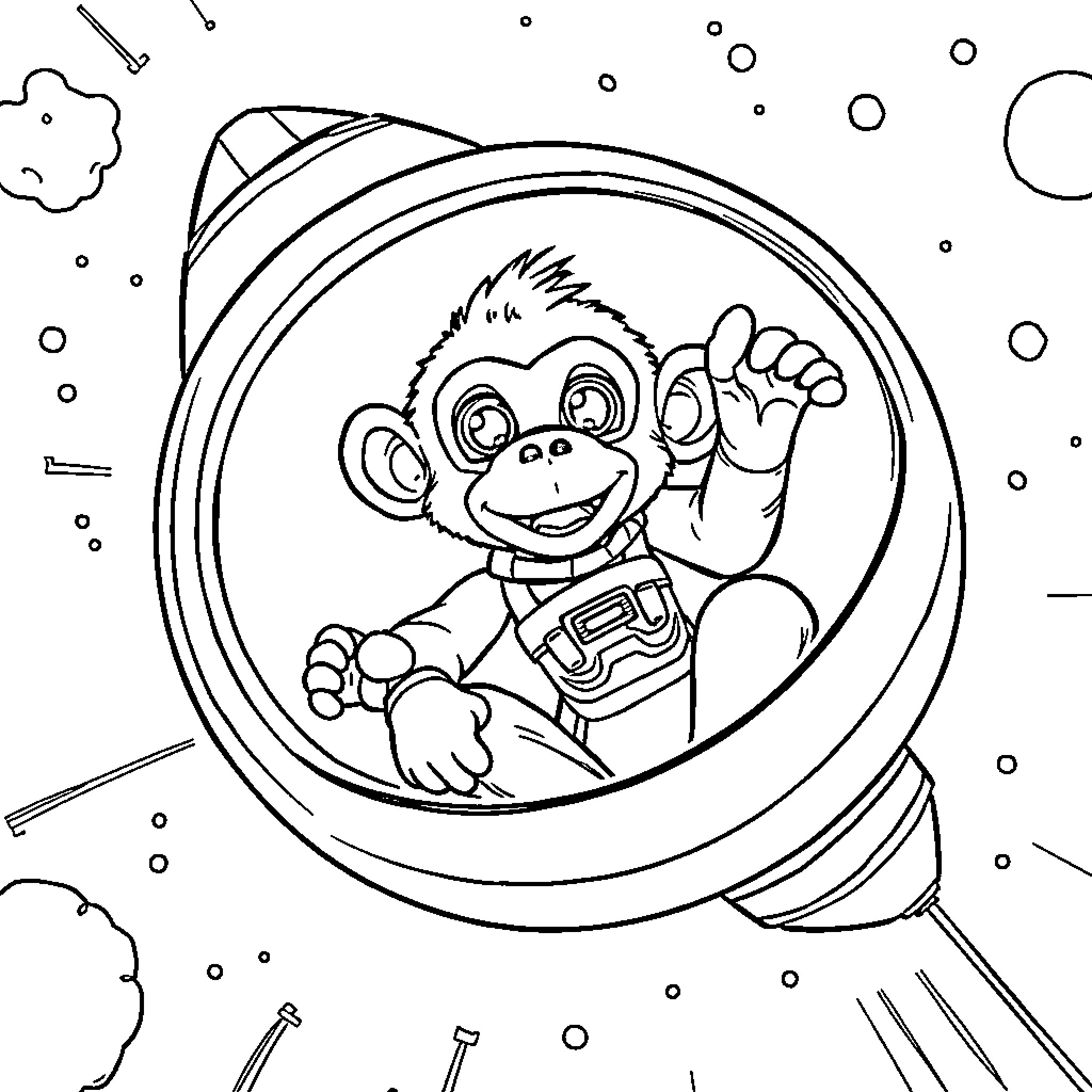 Monkey astronaut exploring space in a spaceship Coloring Page (free black-and-white line drawing printable PDF for all, from beginners to advanced learners, including children, teens, adults, and seniors)