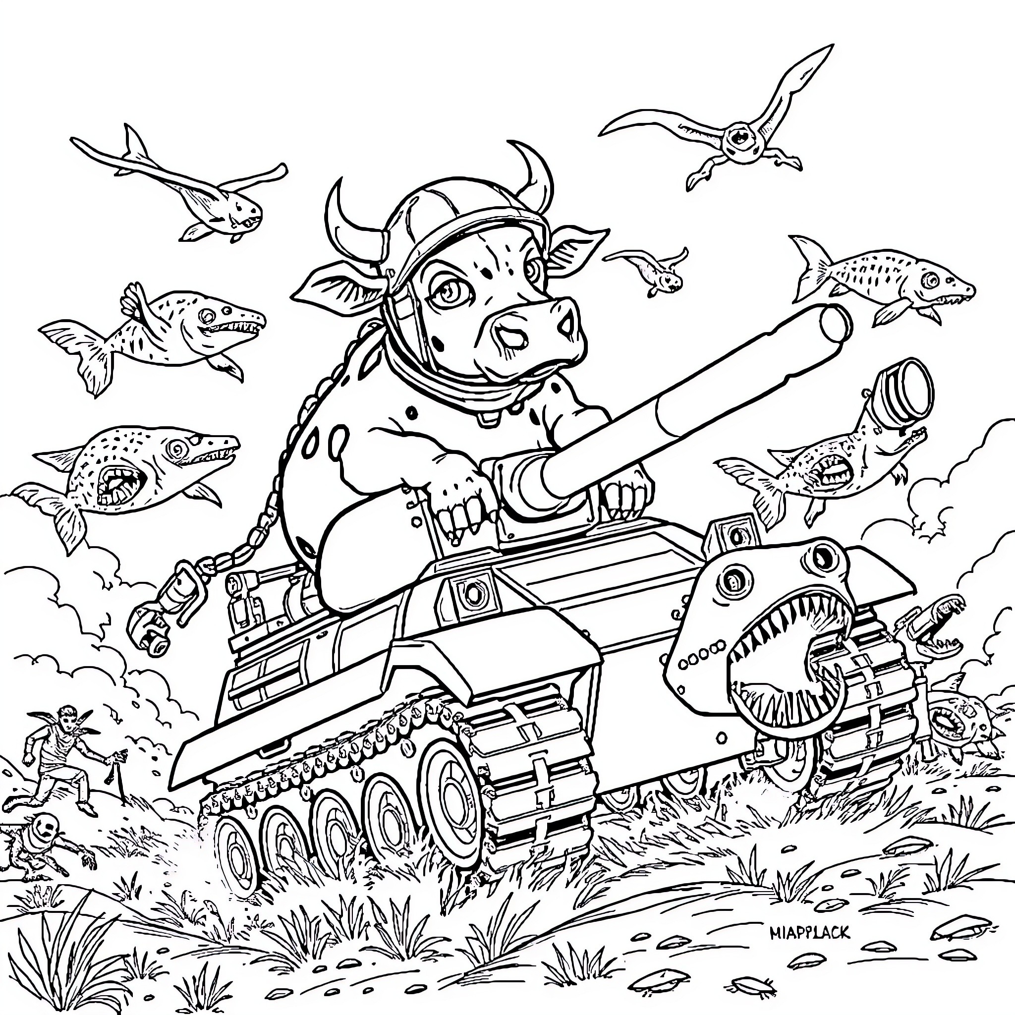 Cow riding a battle tank amidst sea creatures Coloring Page (free black-and-white line drawing printable PDF for all, from beginners to advanced learners, including children, teens, adults, and seniors)