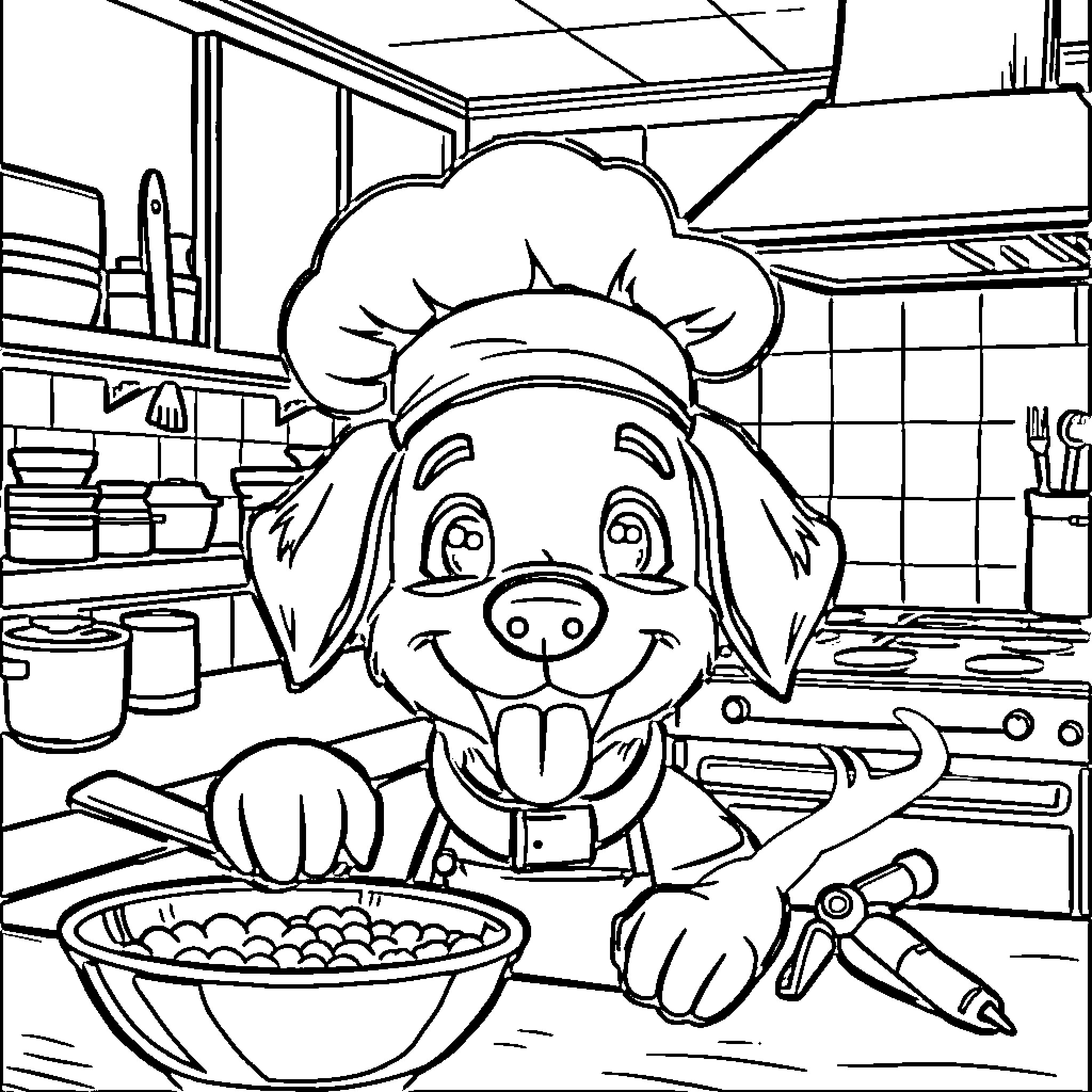 Dog cooking in the kitchen Coloring Page (free black-and-white line drawing printable PDF for all, from beginners to advanced learners, including children, teens, adults, and seniors)