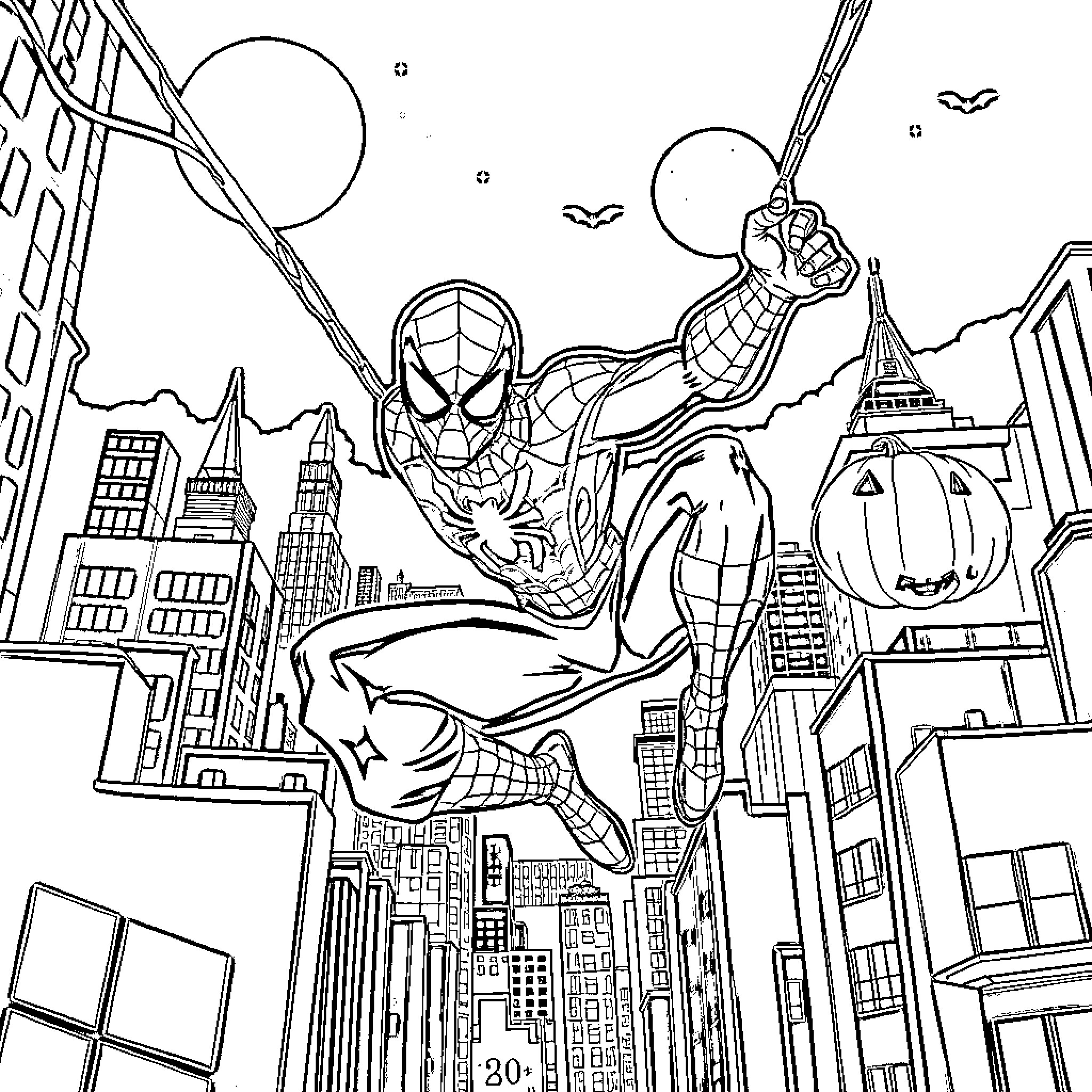 Spiderman swinging through the city skyline Coloring Page (free black-and-white line drawing printable PDF for all, from beginners to advanced learners, including children, teens, adults, and seniors)