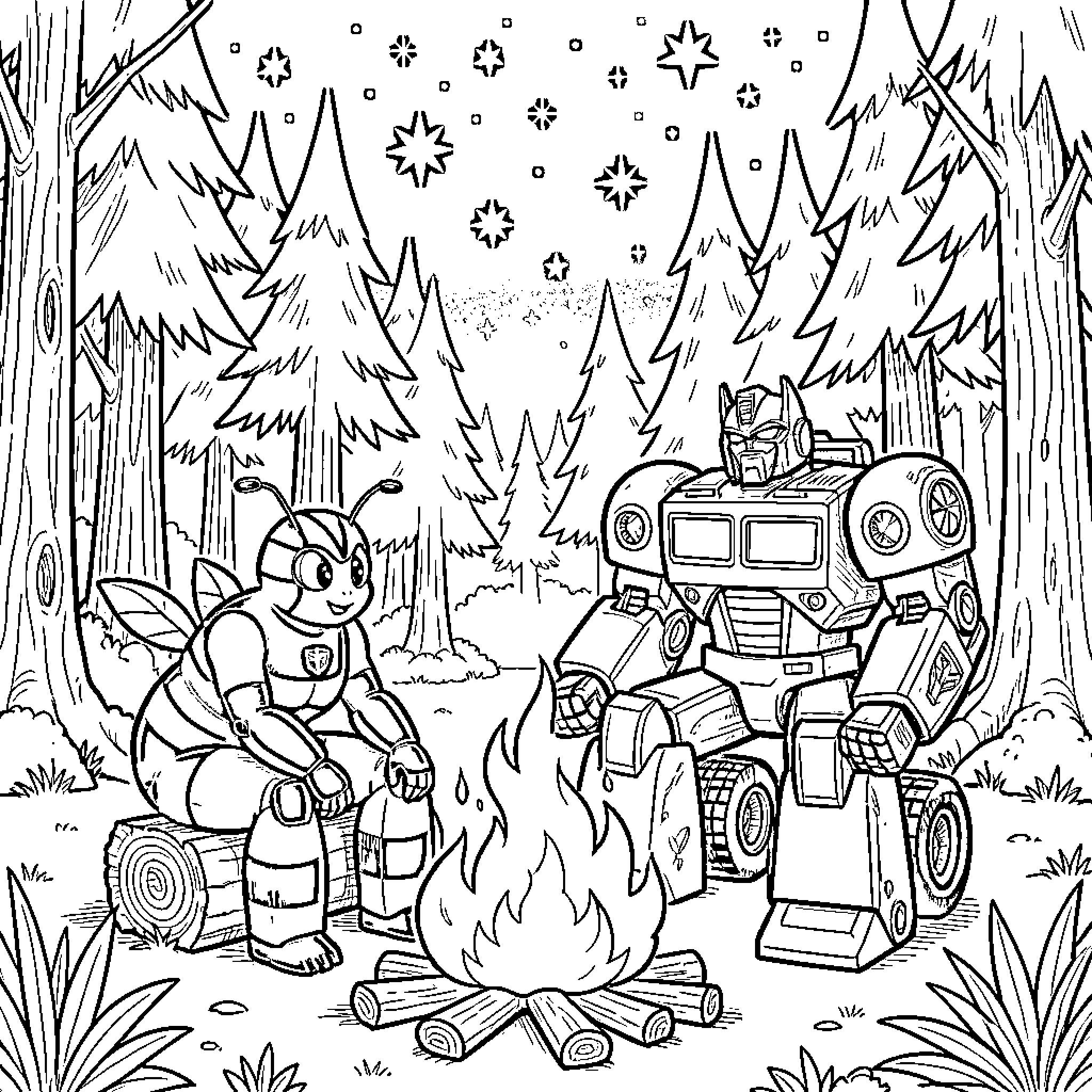 Bumblebee enjoying a campfire with robot companion Coloring Page (free black-and-white line drawing printable PDF for all, from beginners to advanced learners, including children, teens, adults, and seniors)