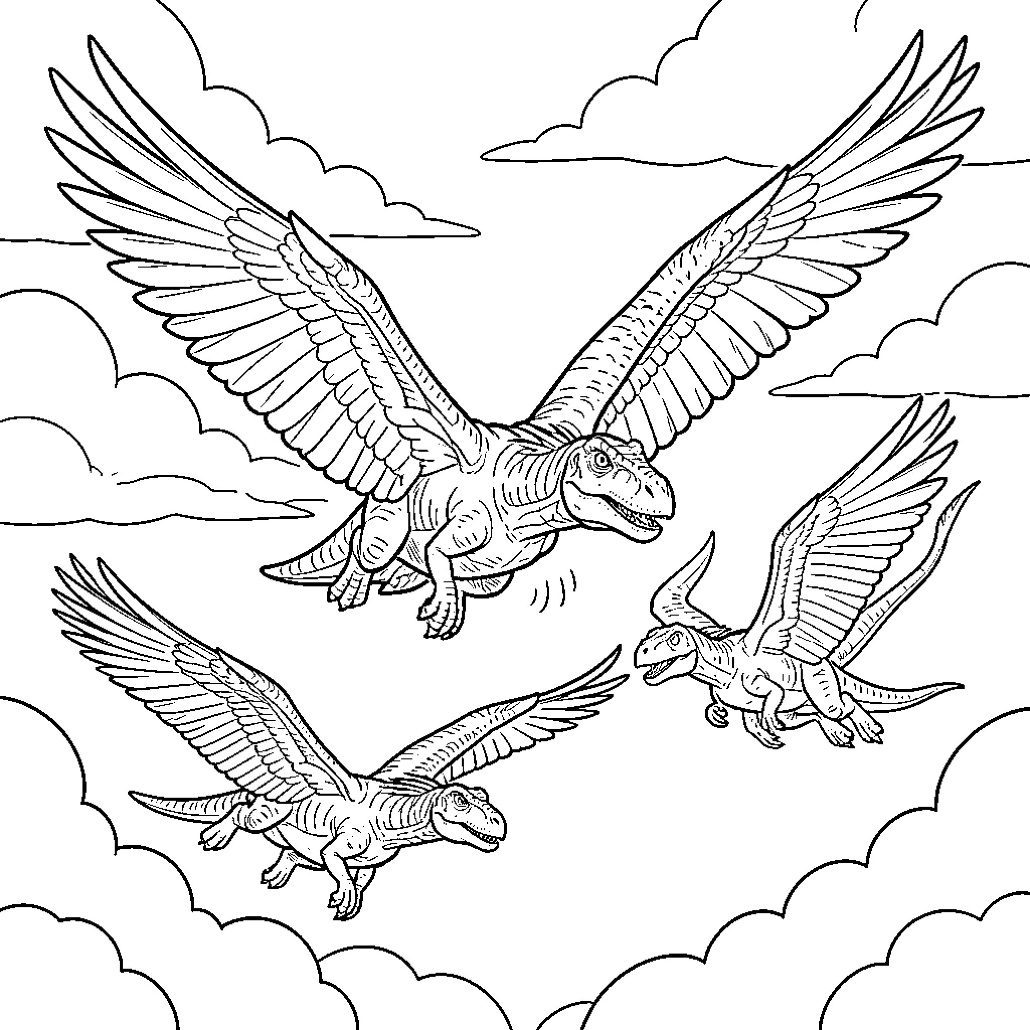Dinosaurs soaring through the clouds Coloring Page (free black-and-white line drawing printable PDF for all, from beginners to advanced learners, including children, teens, adults, and seniors)