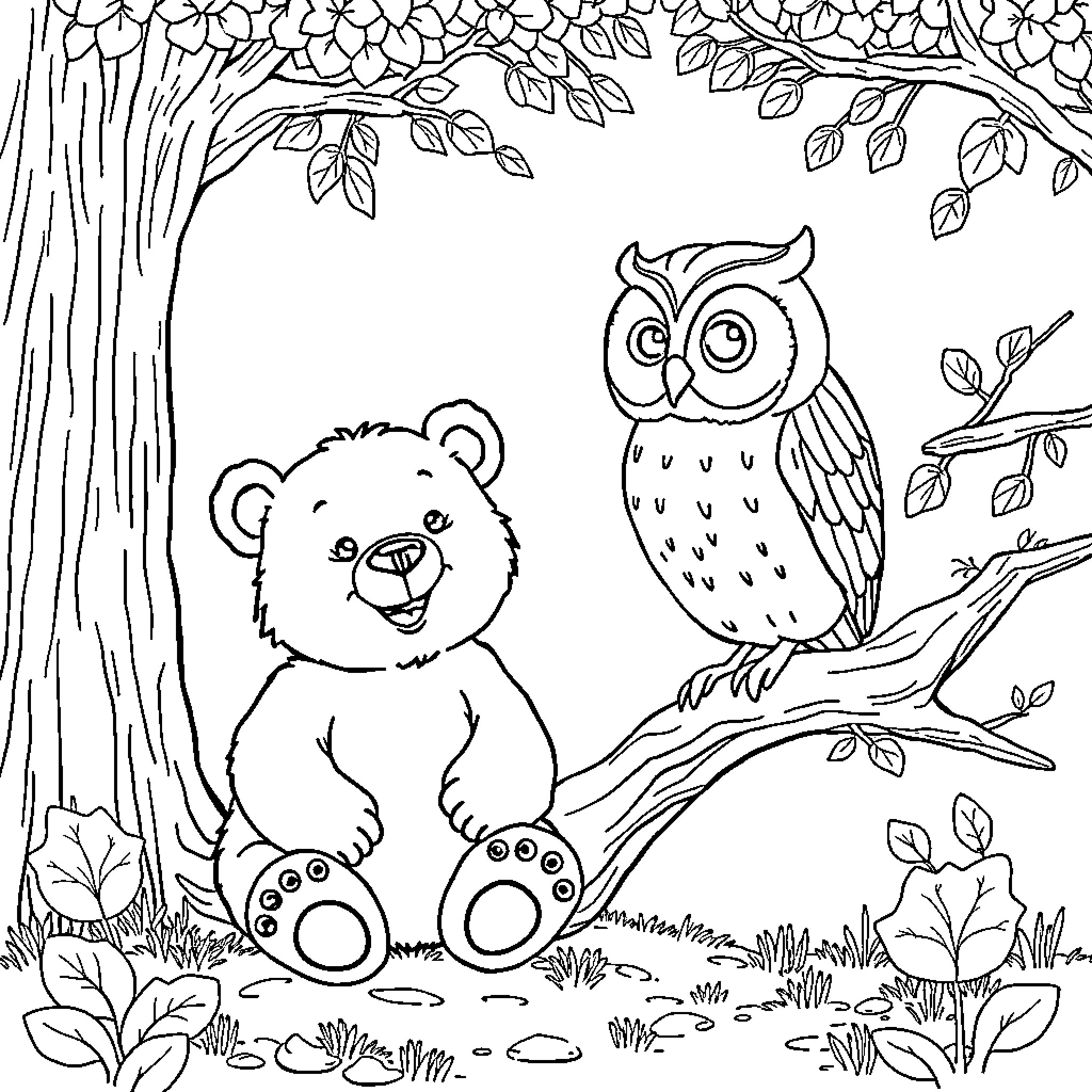 Bear and Owl Enjoying the Forest Coloring Page (free black-and-white line drawing printable PDF for all, from beginners to advanced learners, including children, teens, adults, and seniors)