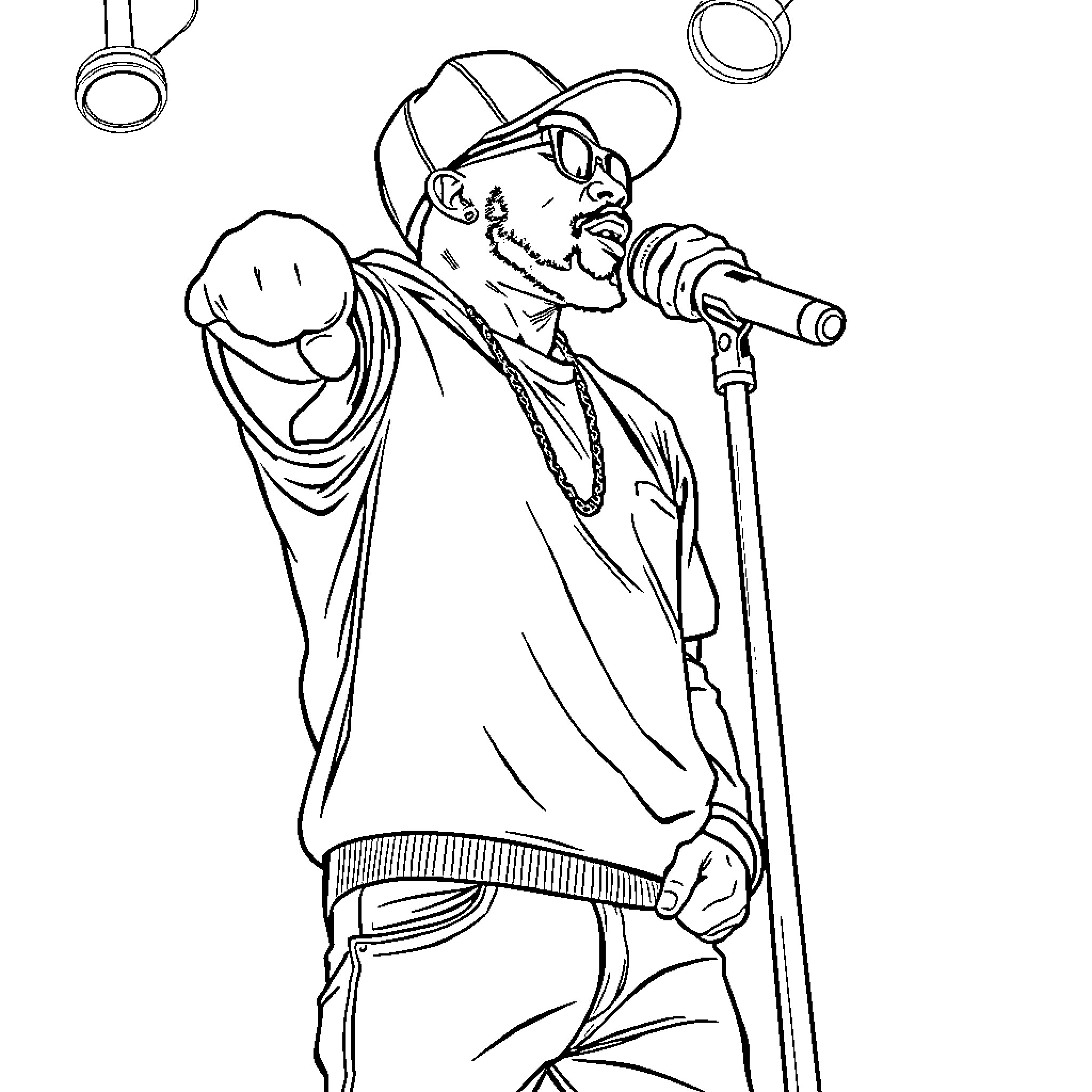 Rapper performing energetic live concert on stage Coloring Page (free black-and-white line drawing printable PDF for all, from beginners to advanced learners, including children, teens, adults, and seniors)