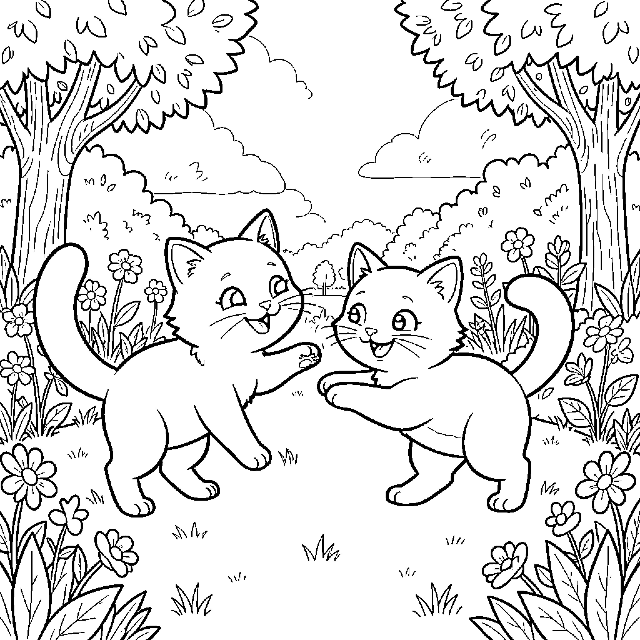 Cat friends in the garden Coloring Page (free black-and-white line drawing printable PDF for all, from beginners to advanced learners, including children, teens, adults, and seniors)