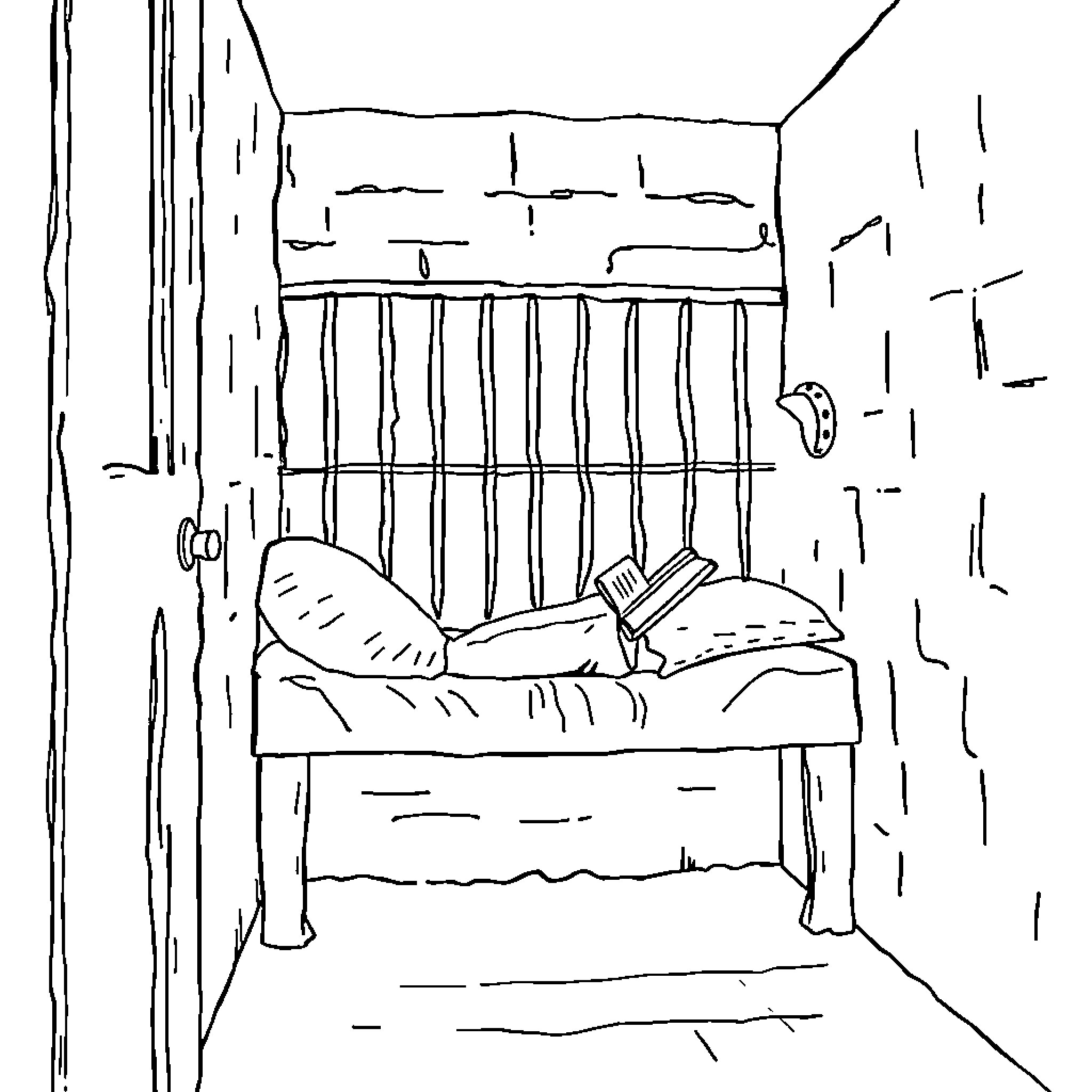 Prisoner resting on cot in cell Coloring Page (free black-and-white line drawing printable PDF for all, from beginners to advanced learners, including children, teens, adults, and seniors)