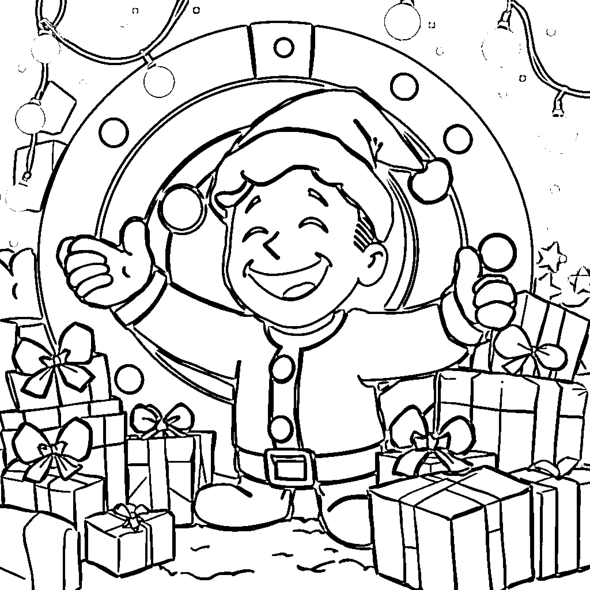 Vault Boy surrounded by gifts and celebrations Coloring Page (free black-and-white line drawing printable PDF for all, from beginners to advanced learners, including children, teens, adults, and seniors)