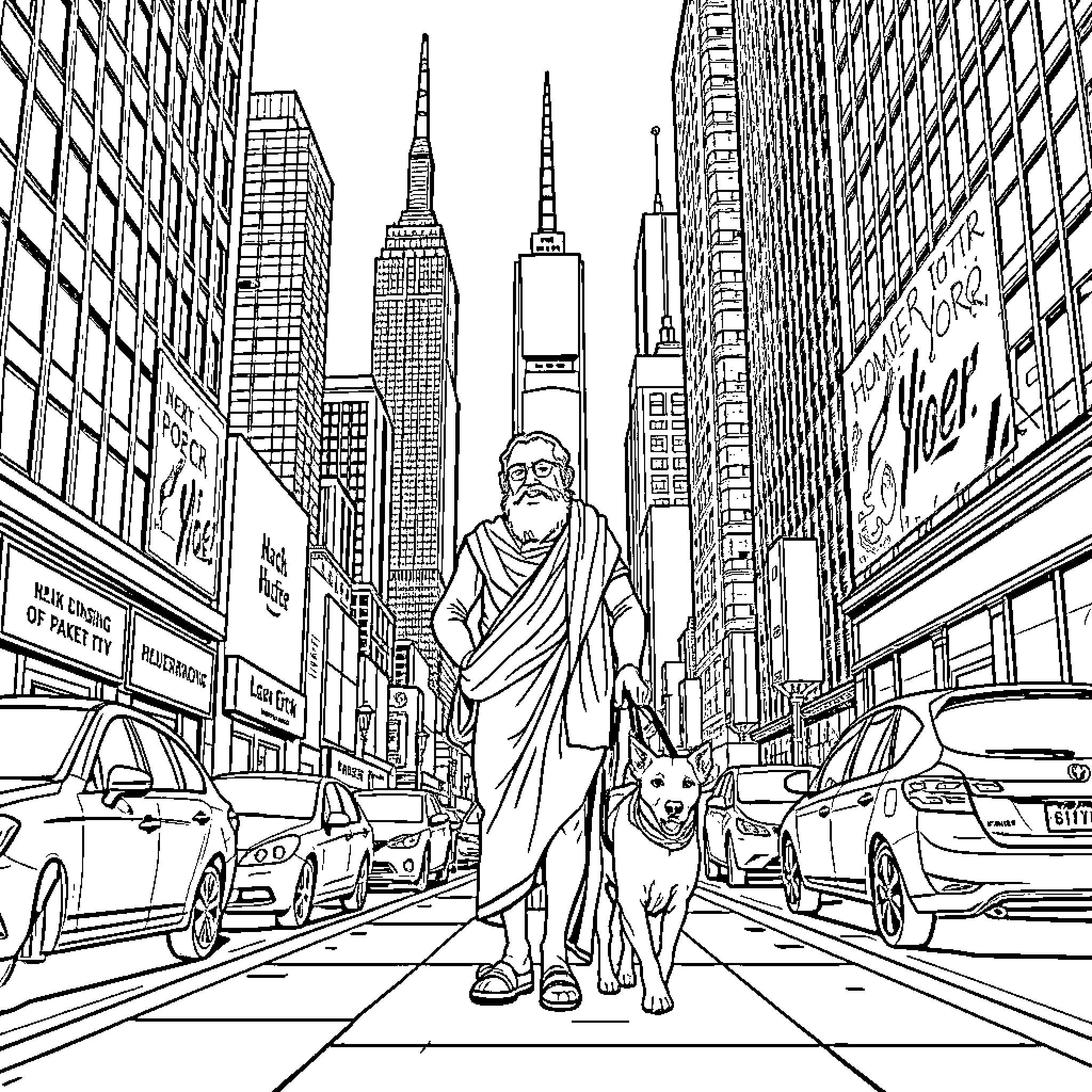 Homer walking his dog in bustling city skyline Coloring Page (free black-and-white line drawing printable PDF for all, from beginners to advanced learners, including children, teens, adults, and seniors)