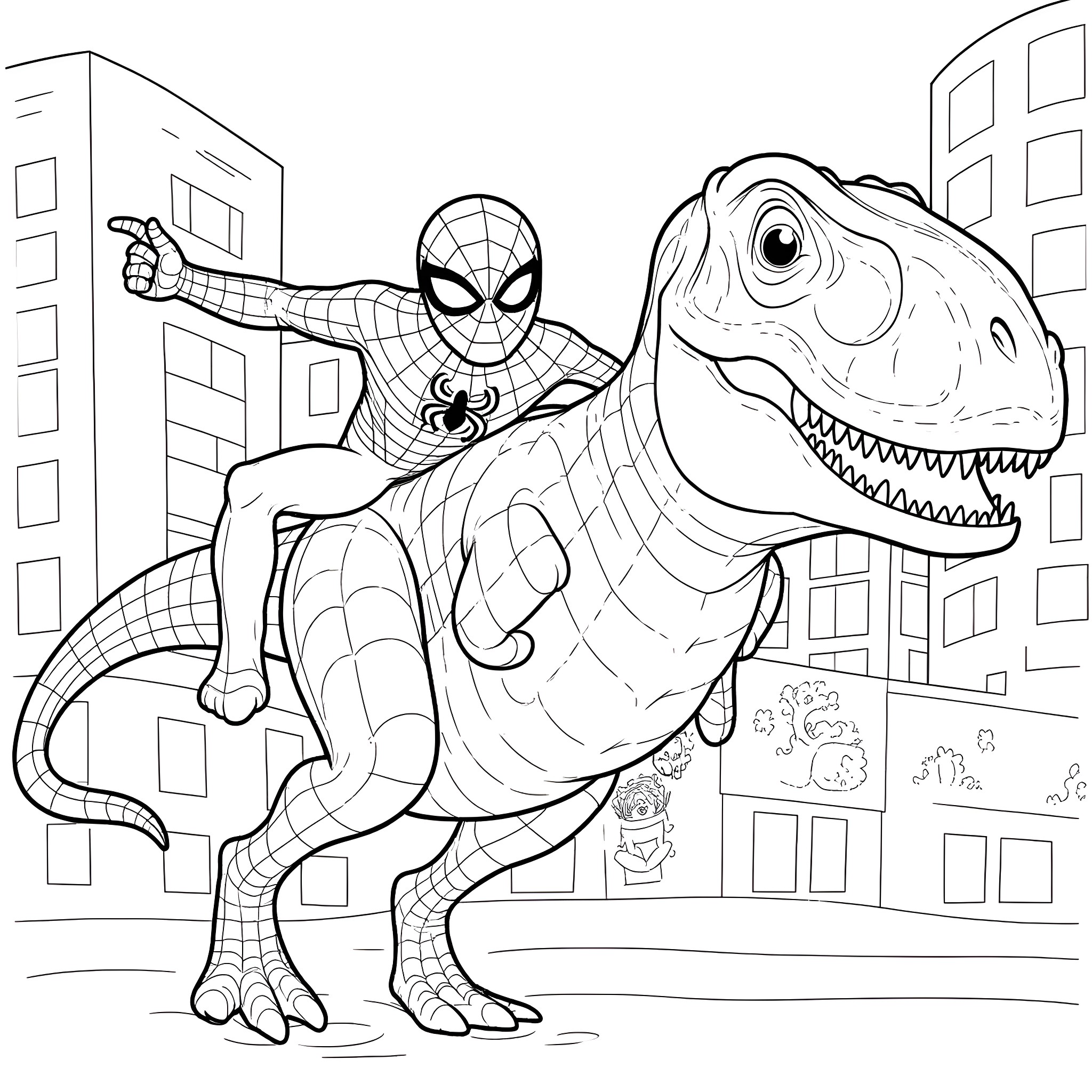 Spiderman riding a friendly dinosaur in the city Coloring Page (free black-and-white line drawing printable PDF for all, from beginners to advanced learners, including children, teens, adults, and seniors)