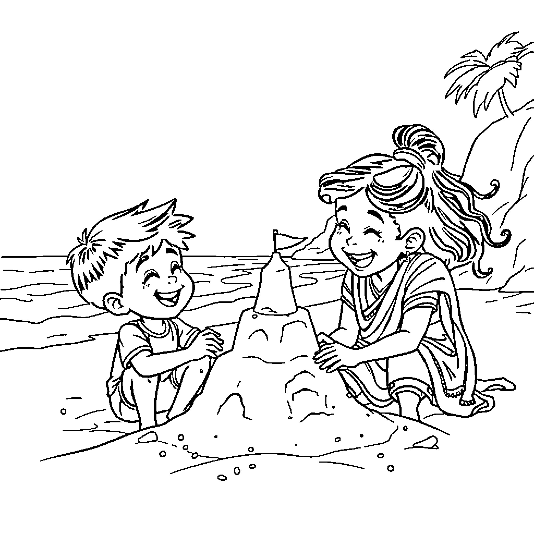 Twin Brothers Building Sand Castle on Beach Coloring Page (free black-and-white line drawing printable PDF for all, from beginners to advanced learners, including children, teens, adults, and seniors)