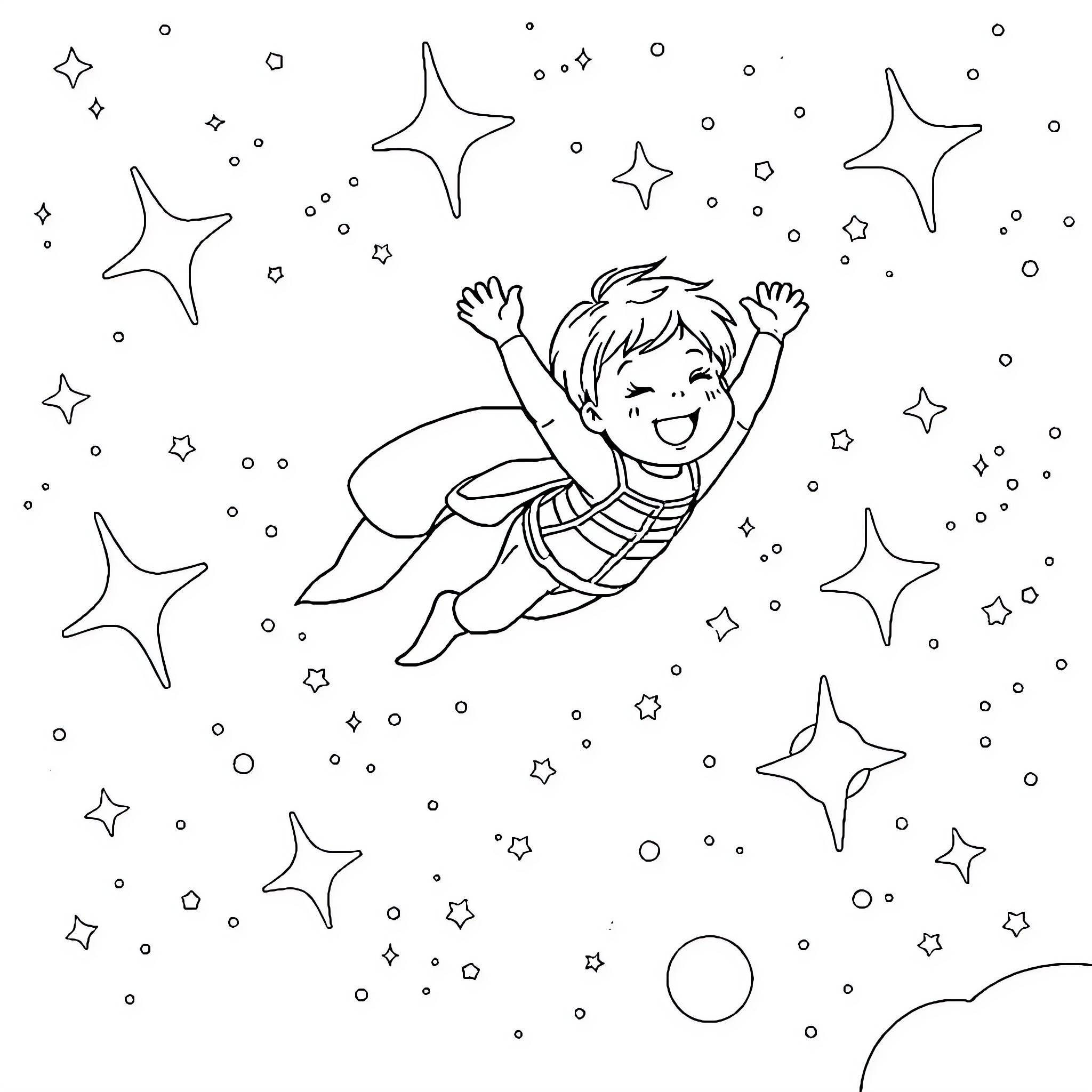 Enfant jouant joyeusement parmi les étoiles Coloring Page (free black-and-white line drawing printable PDF for all, from beginners to advanced learners, including children, teens, adults, and seniors)