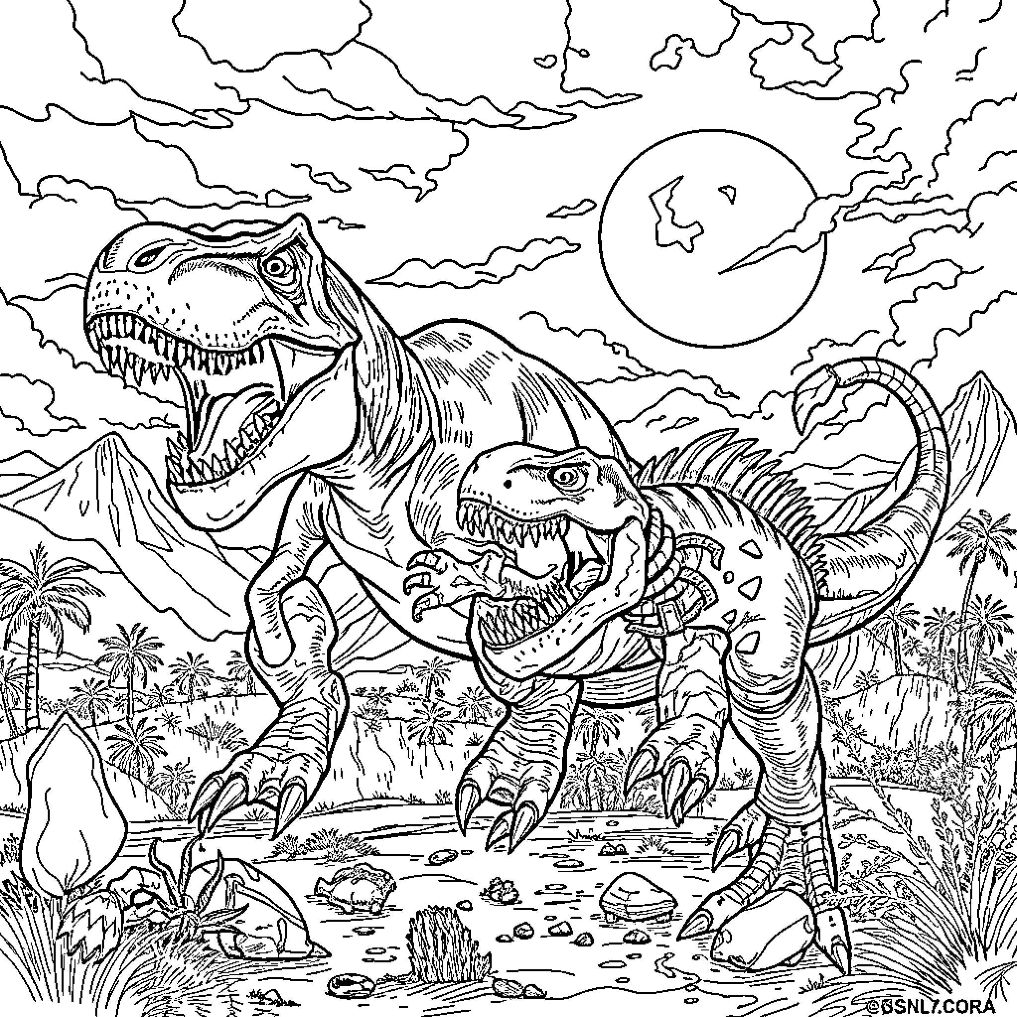 T-Rex Dinosaurs Roaring in Prehistoric Landscape Coloring Page (free black-and-white line drawing printable PDF for all, from beginners to advanced learners, including children, teens, adults, and seniors)
