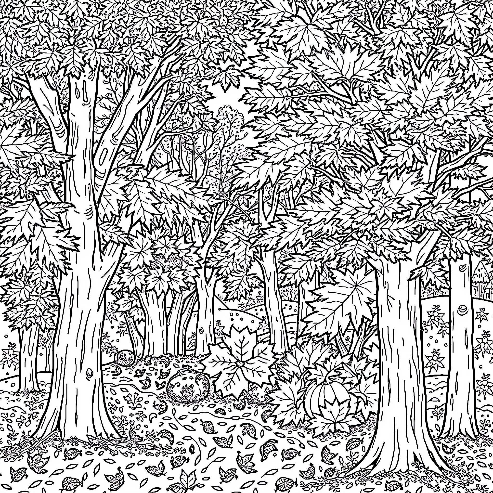 Fall Foliage Flourishing in Autumnal Forest Coloring Page (free black-and-white line drawing printable PDF for all, from beginners to advanced learners, including children, teens, adults, and seniors)