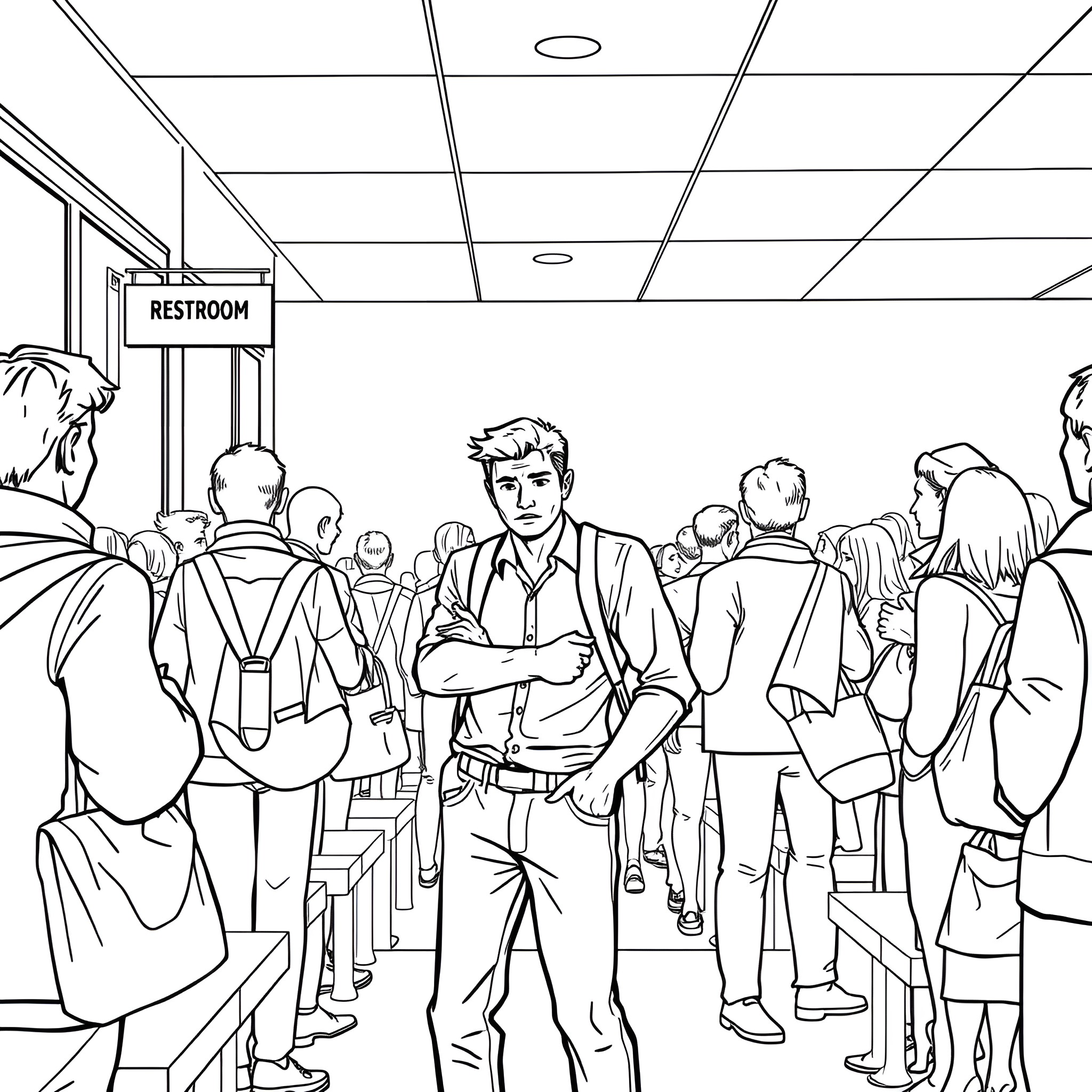 Adult in a crowd waiting outside a restroom Coloring Page (free black-and-white line drawing printable PDF for all, from beginners to advanced learners, including children, teens, adults, and seniors)