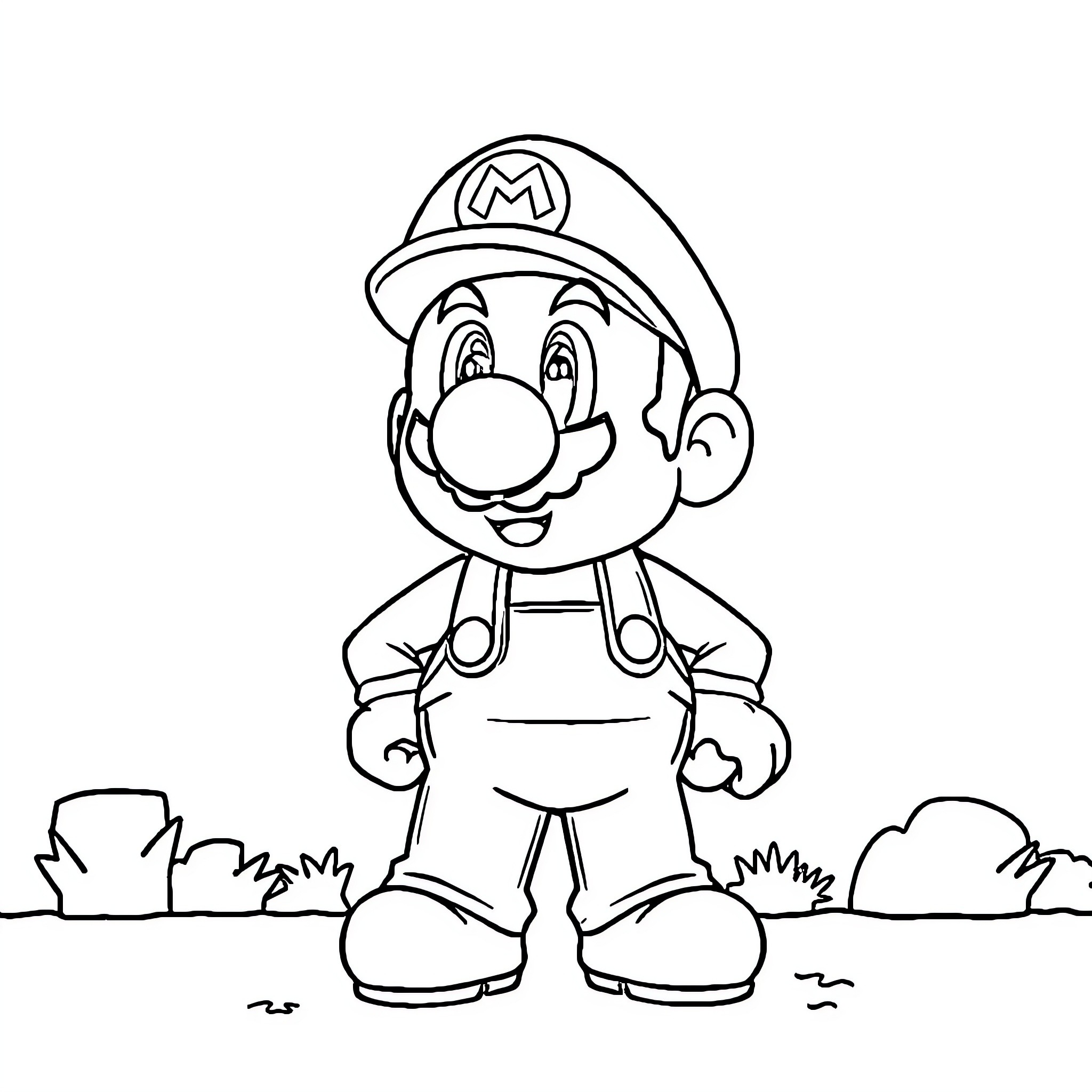 Mario in Cheerful Pose in Outdoor Setting Coloring Page (free black-and-white line drawing printable PDF for all, from beginners to advanced learners, including children, teens, adults, and seniors)