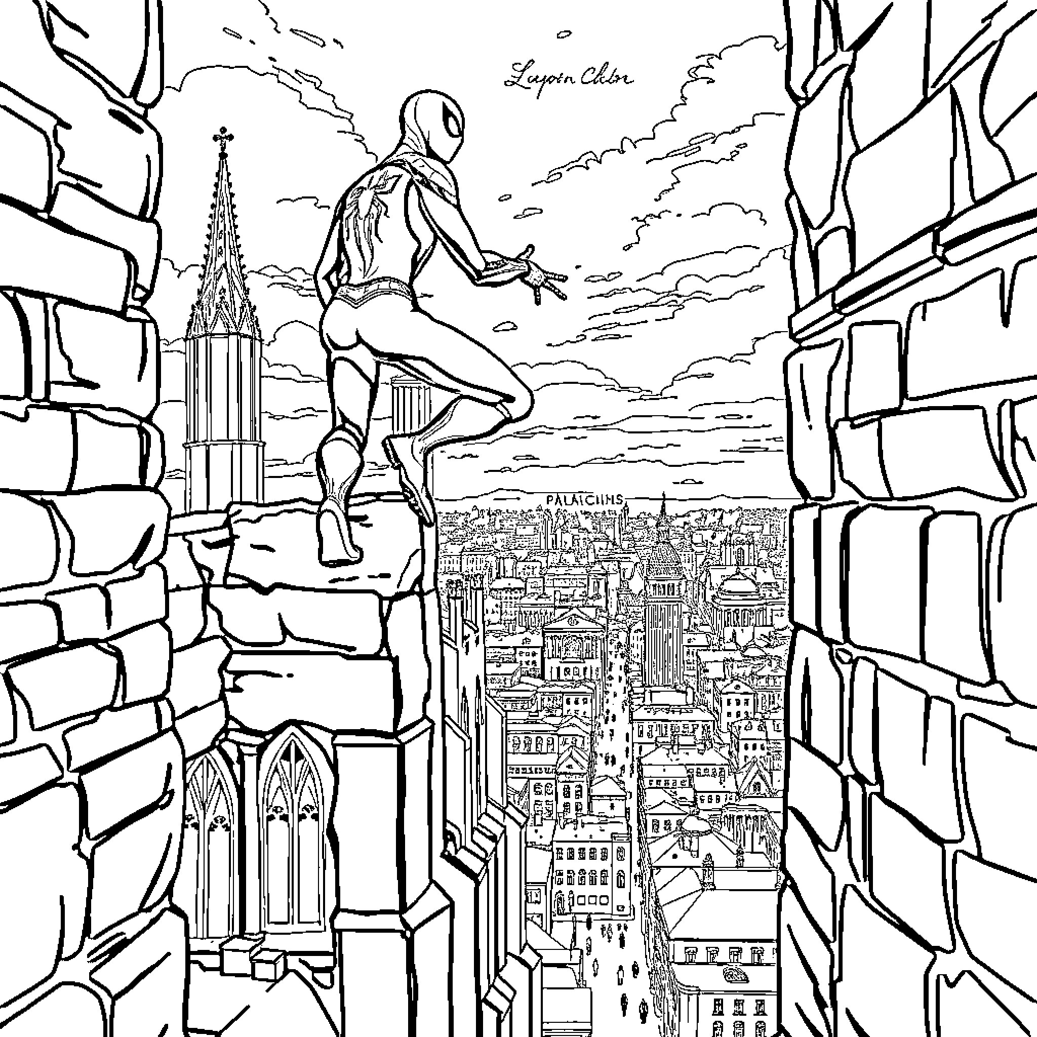 Spiderman overlooking the city from a high vantage point Coloring Page (free black-and-white line drawing printable PDF for all, from beginners to advanced learners, including children, teens, adults, and seniors)
