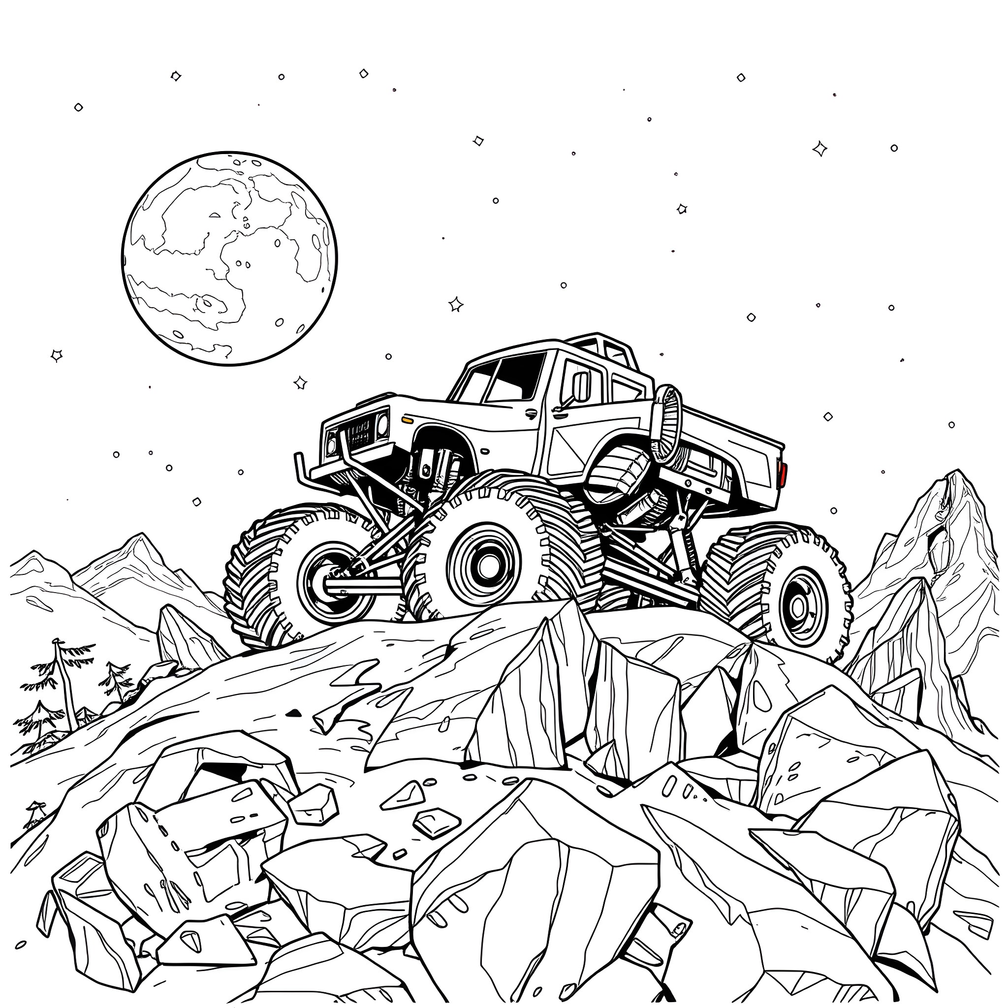 Monster Truck Conquering Rugged Terrain under the Starry Night Sky Coloring Page (free black-and-white line drawing printable PDF for all, from beginners to advanced learners, including children, teens, adults, and seniors)