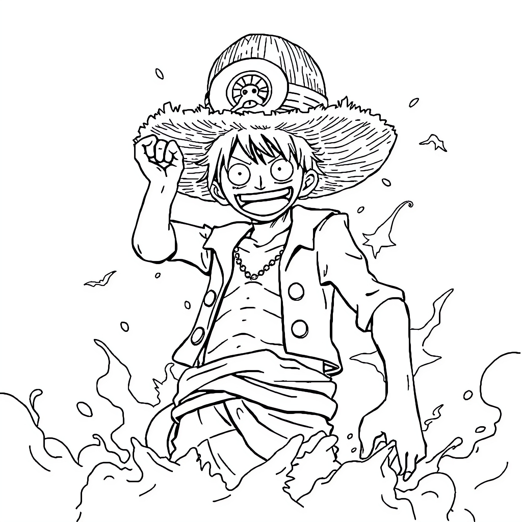 Luffy's Adventurous Pirate Spirit Coloring Page (free black-and-white line drawing printable PDF for all, from beginners to advanced learners, including children, teens, adults, and seniors)