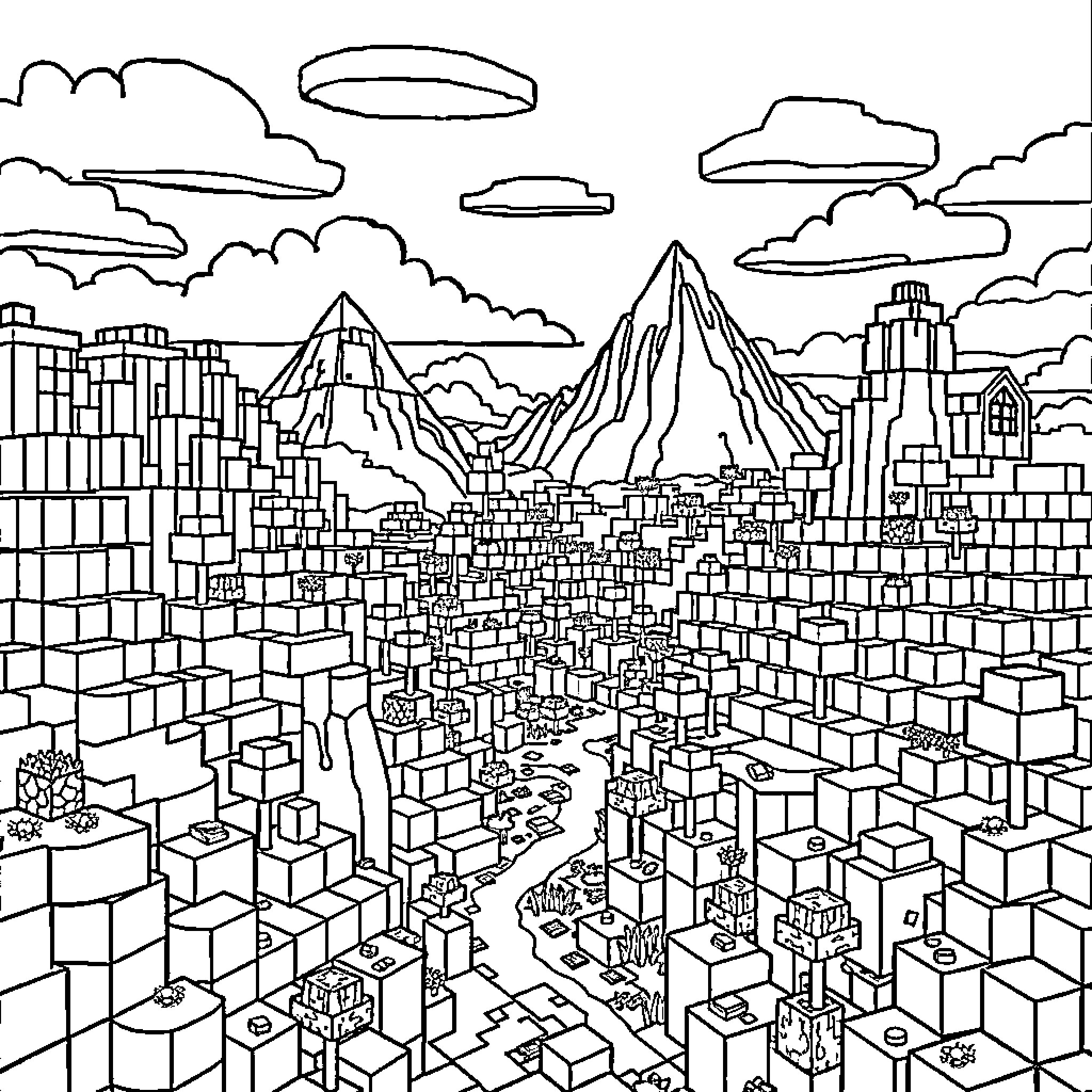 Minecraft city and mountain landscape Coloring Page (free black-and-white line drawing printable PDF for all, from beginners to advanced learners, including children, teens, adults, and seniors)