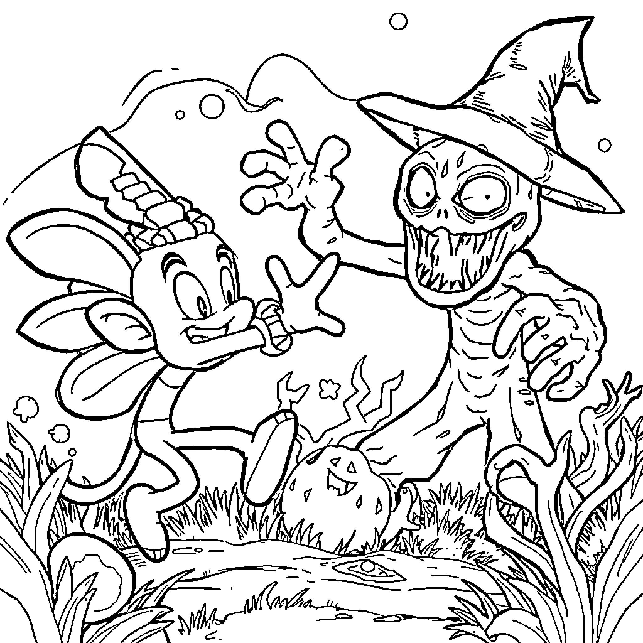 Ban Ban Scary Creature and Friendly Fairy in Enchanted Forest Coloring Page (free black-and-white line drawing printable PDF for all, from beginners to advanced learners, including children, teens, adults, and seniors)