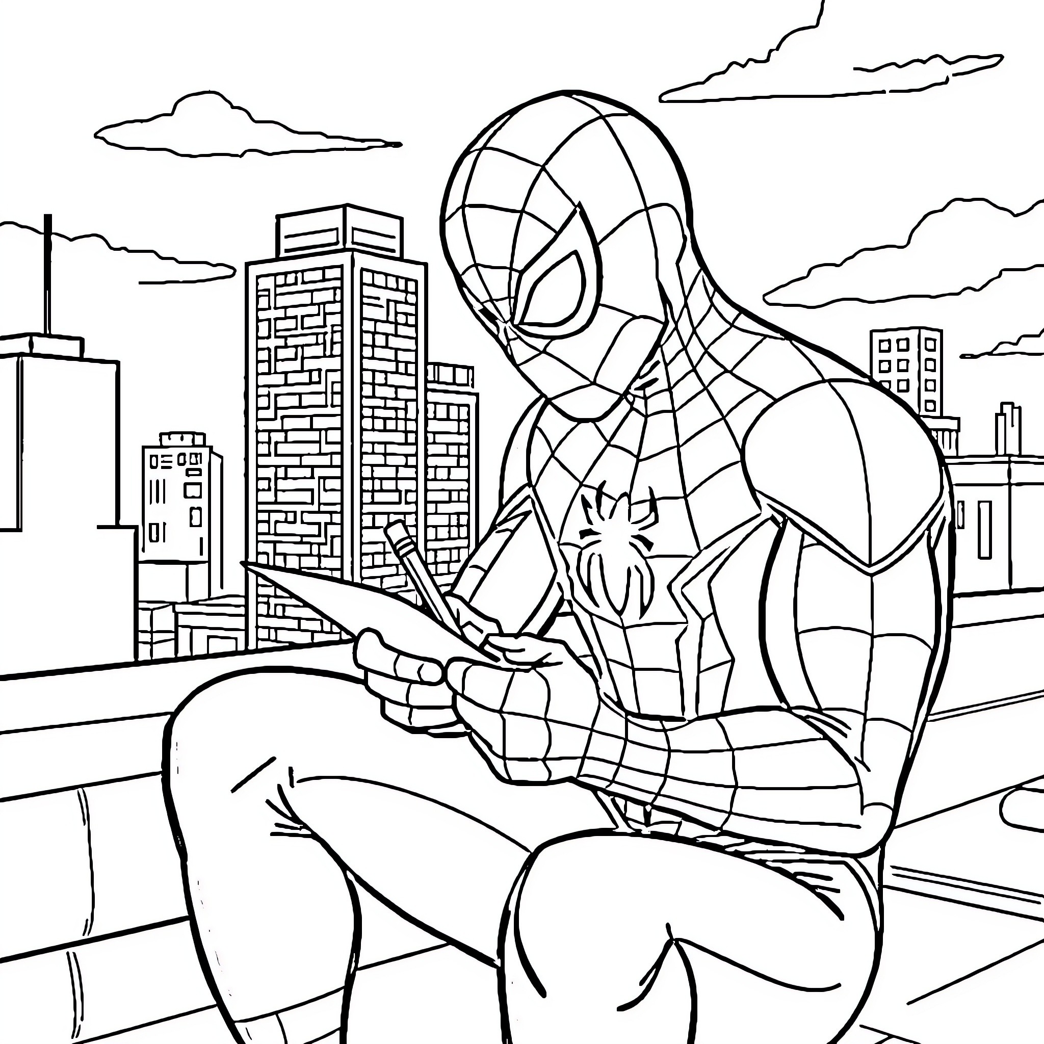 Spiderman scaling the city skyline Coloring Page (free black-and-white line drawing printable PDF for all, from beginners to advanced learners, including children, teens, adults, and seniors)
