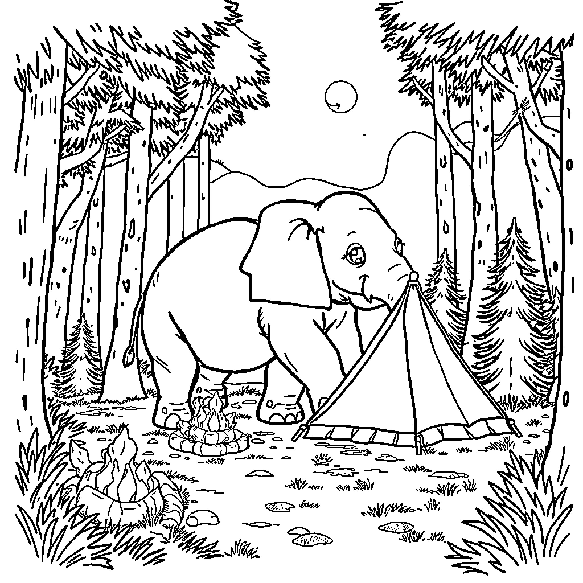 Elephant exploring a peaceful forest campsite Coloring Page (free black-and-white line drawing printable PDF for all, from beginners to advanced learners, including children, teens, adults, and seniors)