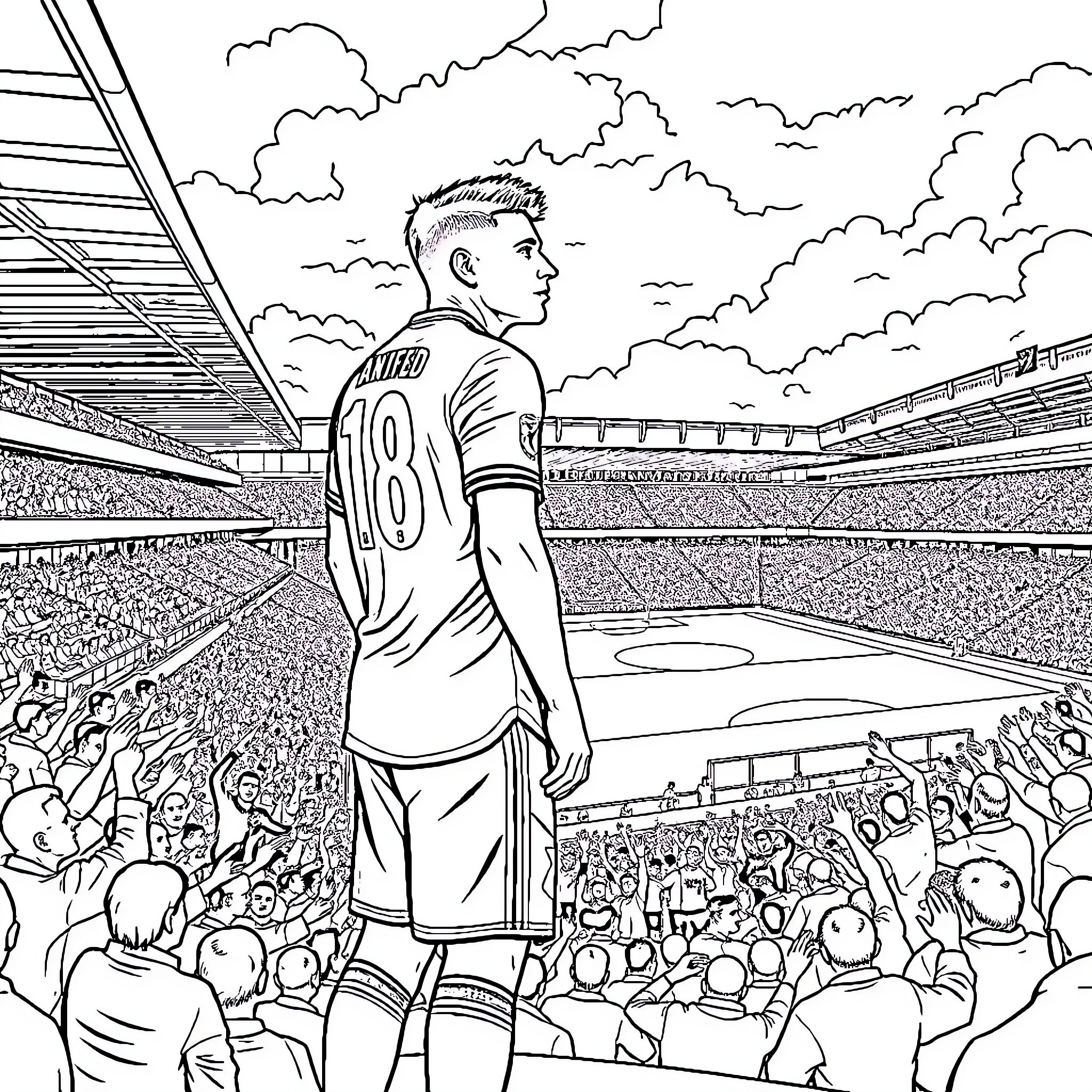 Player in uniform cheering with fans at stadium Coloring Page (free black-and-white line drawing printable PDF for all, from beginners to advanced learners, including children, teens, adults, and seniors)