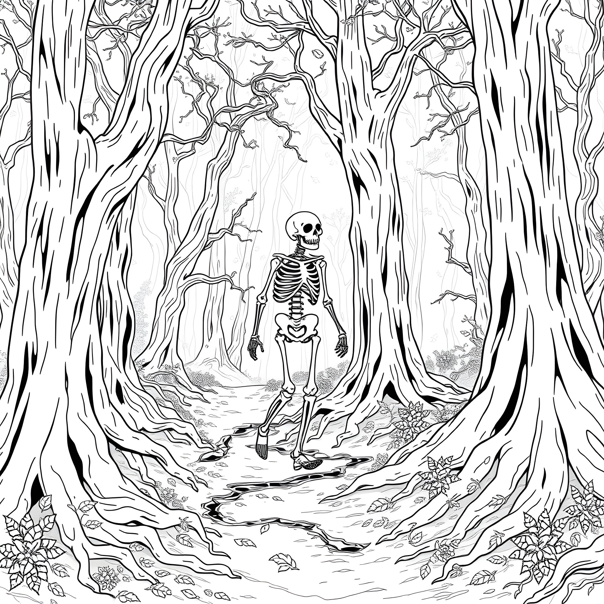 Skeleton Walking Alone in the Mysterious Forest Coloring Page (free black-and-white line drawing printable PDF for all, from beginners to advanced learners, including children, teens, adults, and seniors)