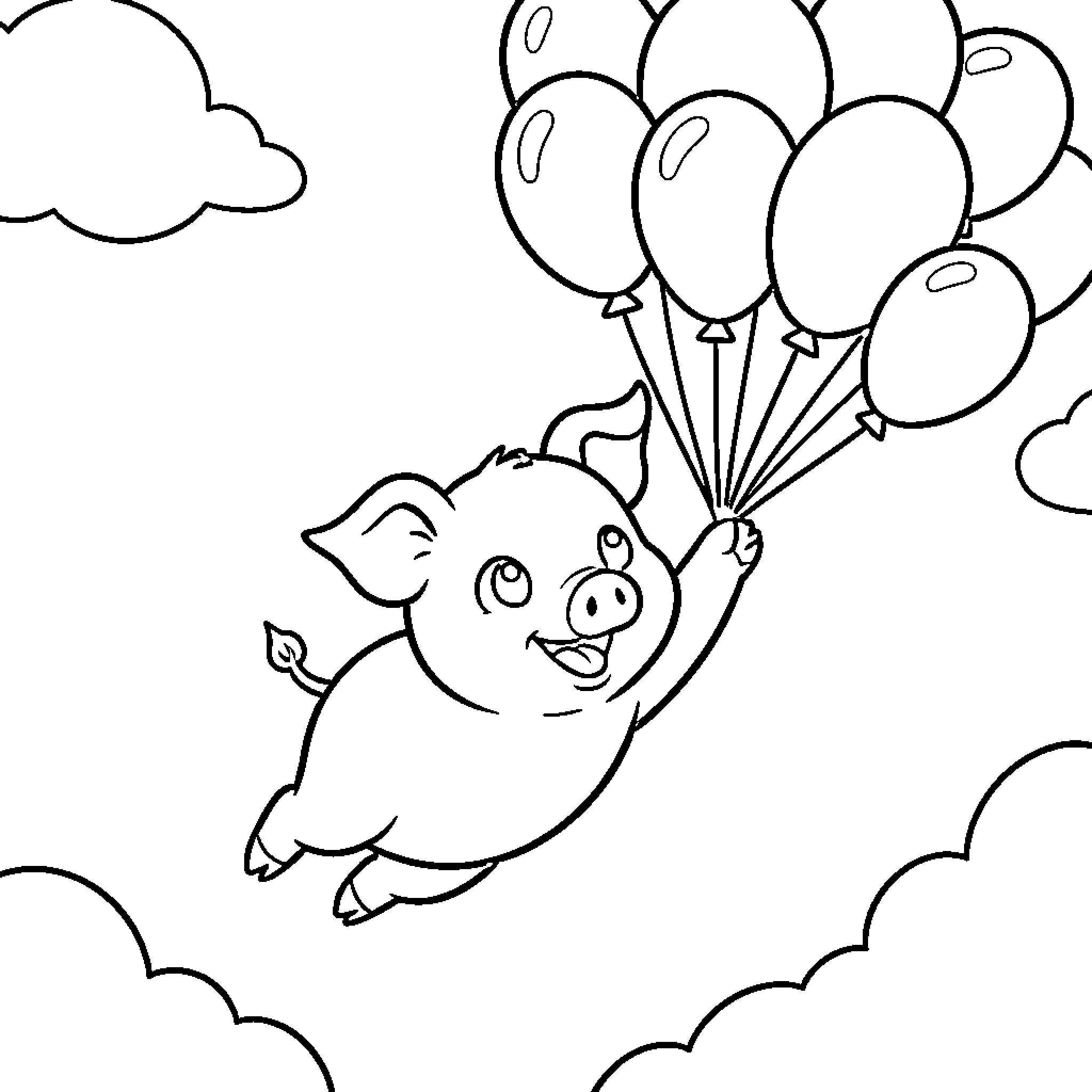 Chanchito flying happily with balloons in the sky Coloring Page (free black-and-white line drawing printable PDF for all, from beginners to advanced learners, including children, teens, adults, and seniors)