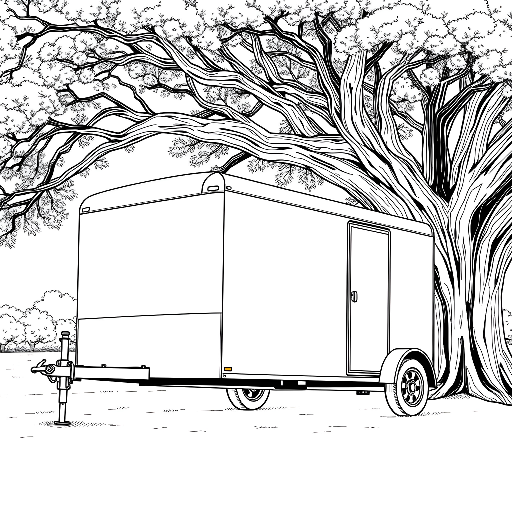 Car Trailer Under the Branching Tree Coloring Page (free black-and-white line drawing printable PDF for all, from beginners to advanced learners, including children, teens, adults, and seniors)