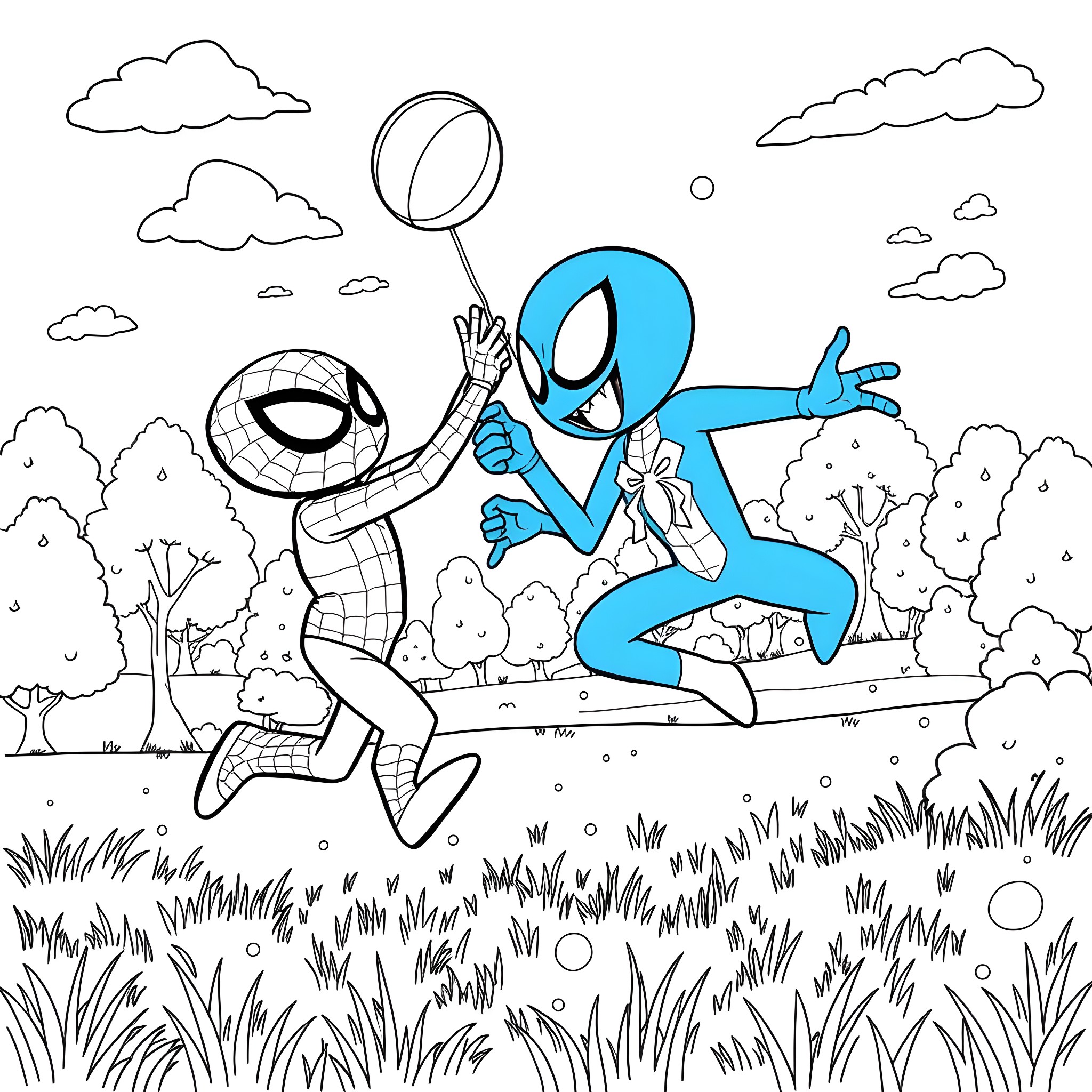 Bluey playing with friends in the park Coloring Page (free black-and-white line drawing printable PDF for all, from beginners to advanced learners, including children, teens, adults, and seniors)