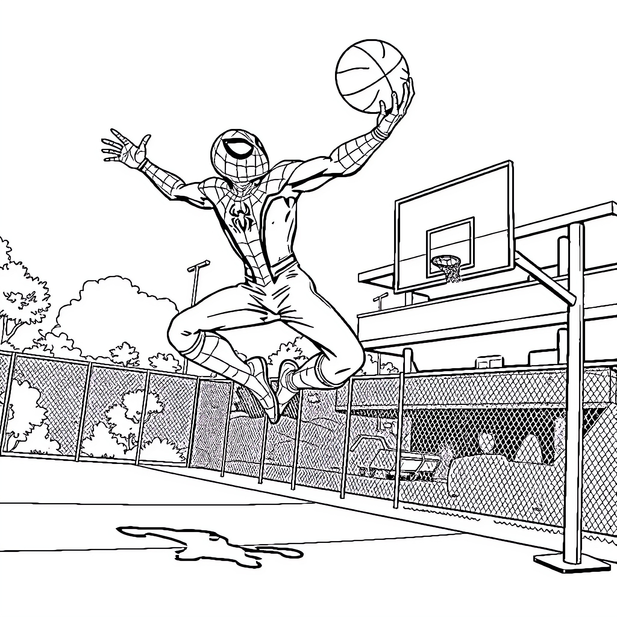 Spiderman performing acrobatic basketball moves on the court Coloring Page (free black-and-white line drawing printable PDF for all, from beginners to advanced learners, including children, teens, adults, and seniors)