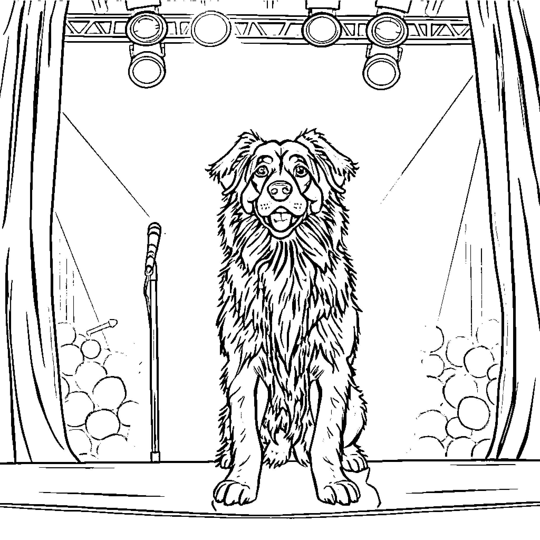 Afghan Dog performing on stage Coloring Page (free black-and-white line drawing printable PDF for all, from beginners to advanced learners, including children, teens, adults, and seniors)