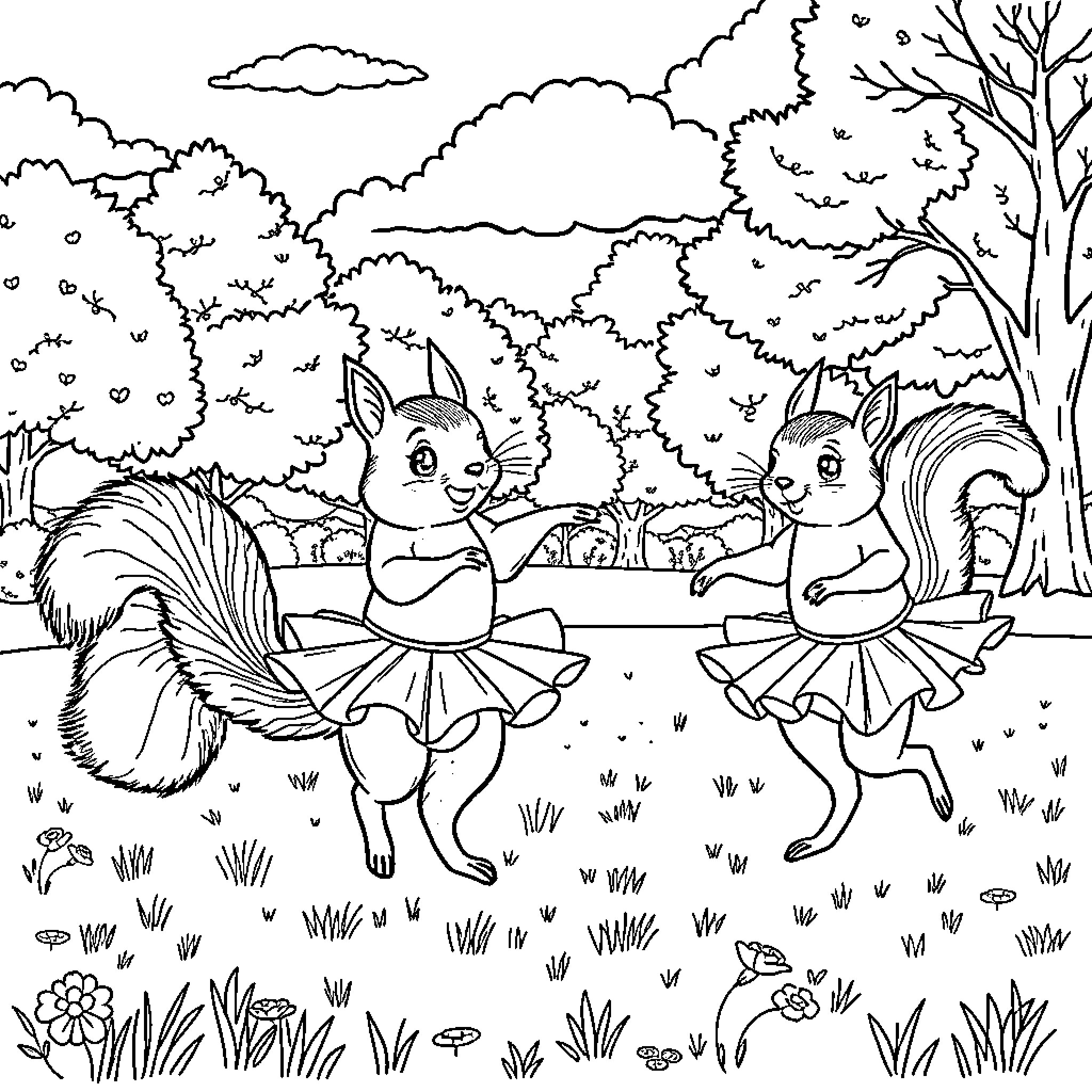 Squirrels enjoying a dance in the forest Coloring Page (free black-and-white line drawing printable PDF for all, from beginners to advanced learners, including children, teens, adults, and seniors)