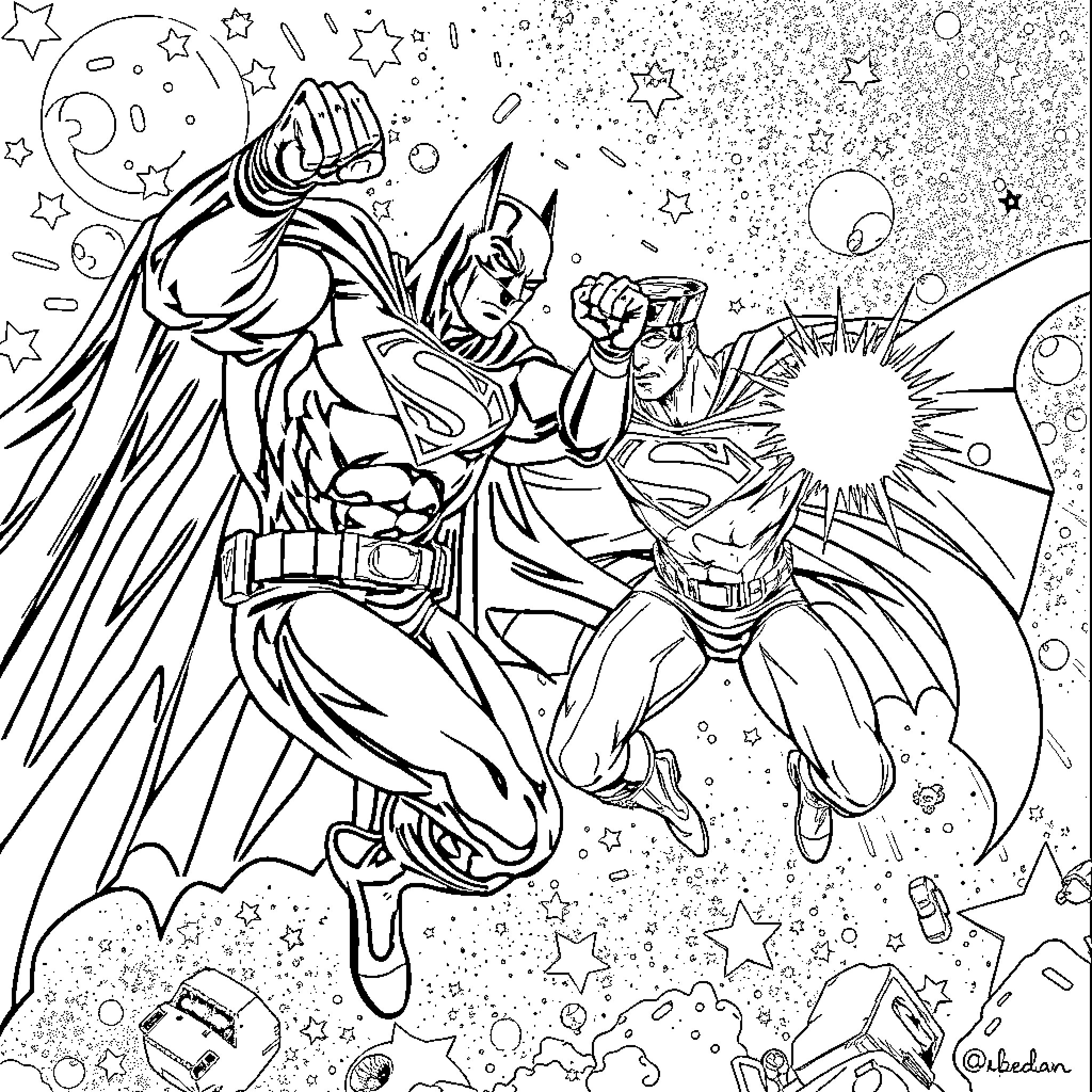 Superman and Batman engaging in heroic action Coloring Page (free black-and-white line drawing printable PDF for all, from beginners to advanced learners, including children, teens, adults, and seniors)