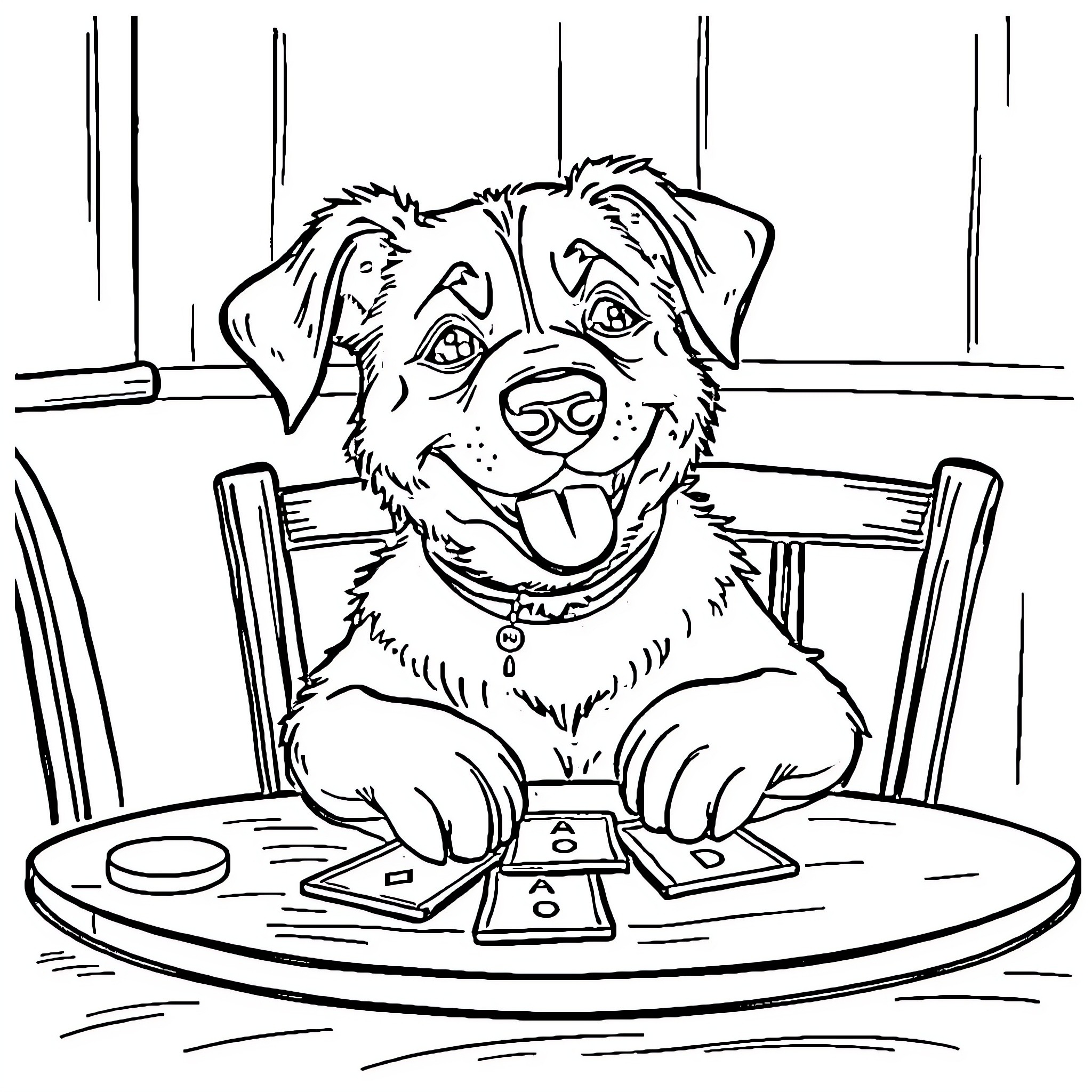 Dog playing with toys on table Coloring Page (free black-and-white line drawing printable PDF for all, from beginners to advanced learners, including children, teens, adults, and seniors)